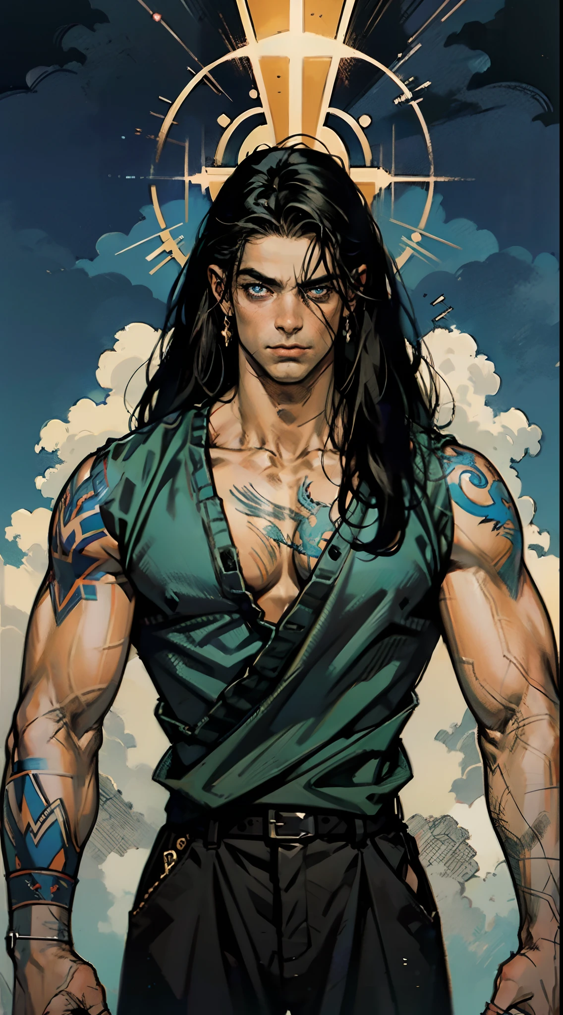 A middle-aged man with long straight hair, a tall and muscular body, wearing a wooden semi-circular forehead protector, he has thick sword-like eyebrows, bright and expressive blue eyes, well-defined facial features, a bare upper body adorned with a blue Dragon Tattoo, a blue Dragon Tattoo that wraps around his entire body, a blue Dragon Tattoo, he wears plain pants, stands before a mysterious ancient Mayan altar, he raises his right fist high, displaying a dignified expression, exuding a powerful aura, emanating a radiant fighting spirit, this character embodies a finely crafted a fantasy-style wilderness design in anime style, characterized by a sophisticated and mature manga illustration art style, high definition, best quality, highres, ultra-detailed, ultra-fine painting, extremely delicate, professional, anatomically correct, symmetrical face, extremely detailed eyes and face, high quality eyes, creativity, RAW photo, UHD, 8k, Natural light, cinematic lighting, masterpiece:1.5