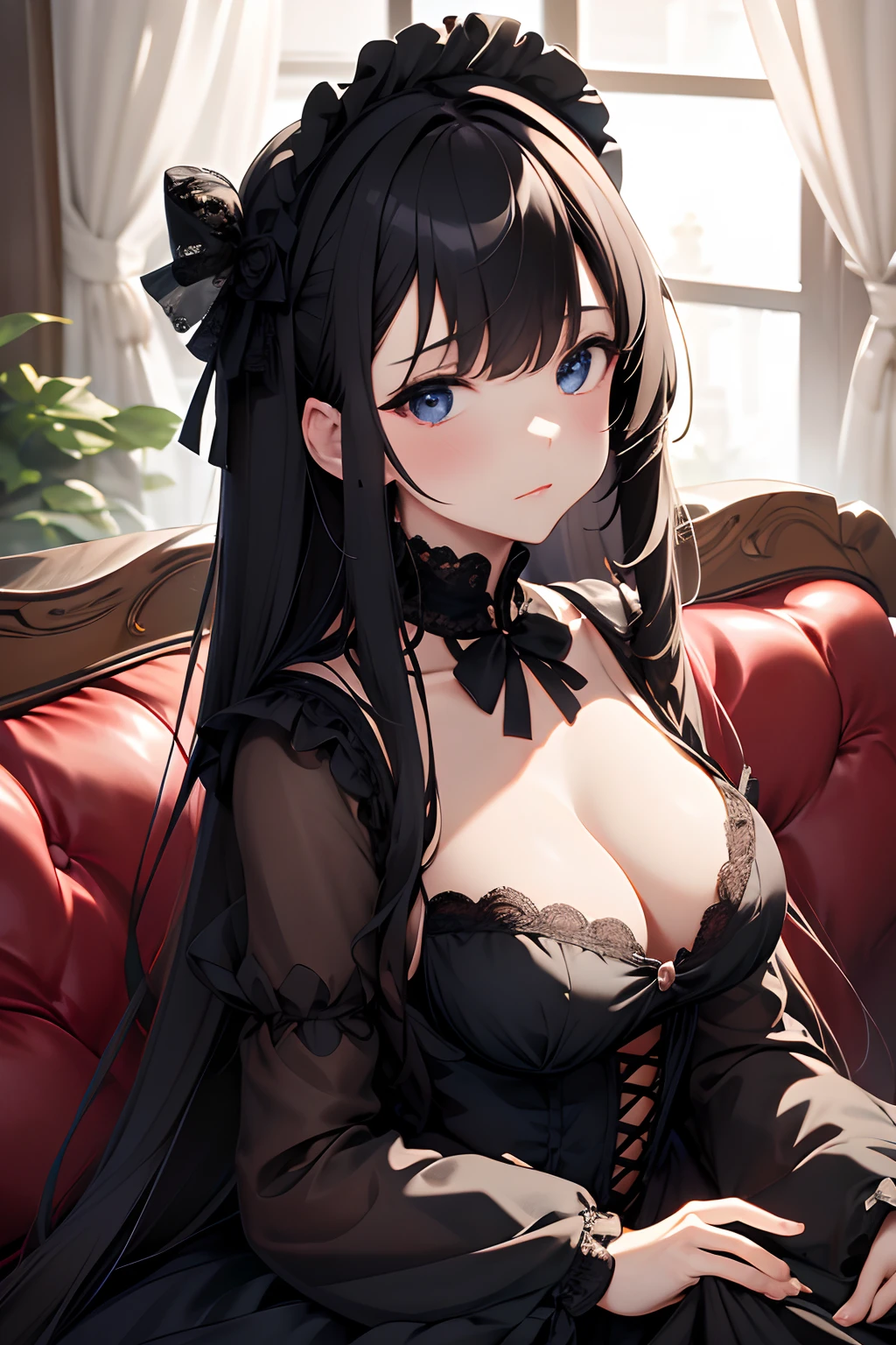 masuter piece,barroco, Gothic ta, Cute, 1girl in, Solo, Full body, Black sofa, Black Dress, absurderes, White lace, hight resolution, ultra-detailliert, highest details,Pure,Pure,Less exposure
