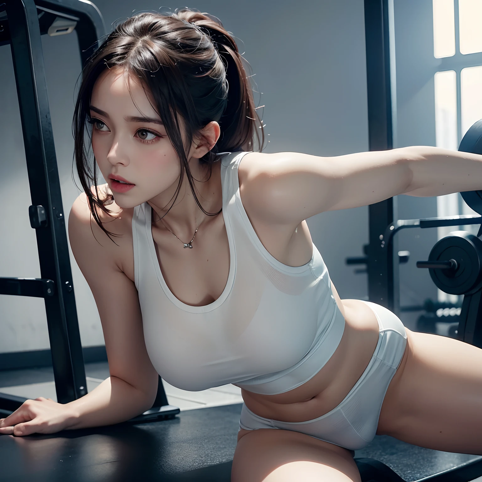Highly detailed CG,detail-rich,The ultra-realistice,Woman in white sportswear,Bumpy figure,Fine fine skin,Work out in the gym,Sweat,