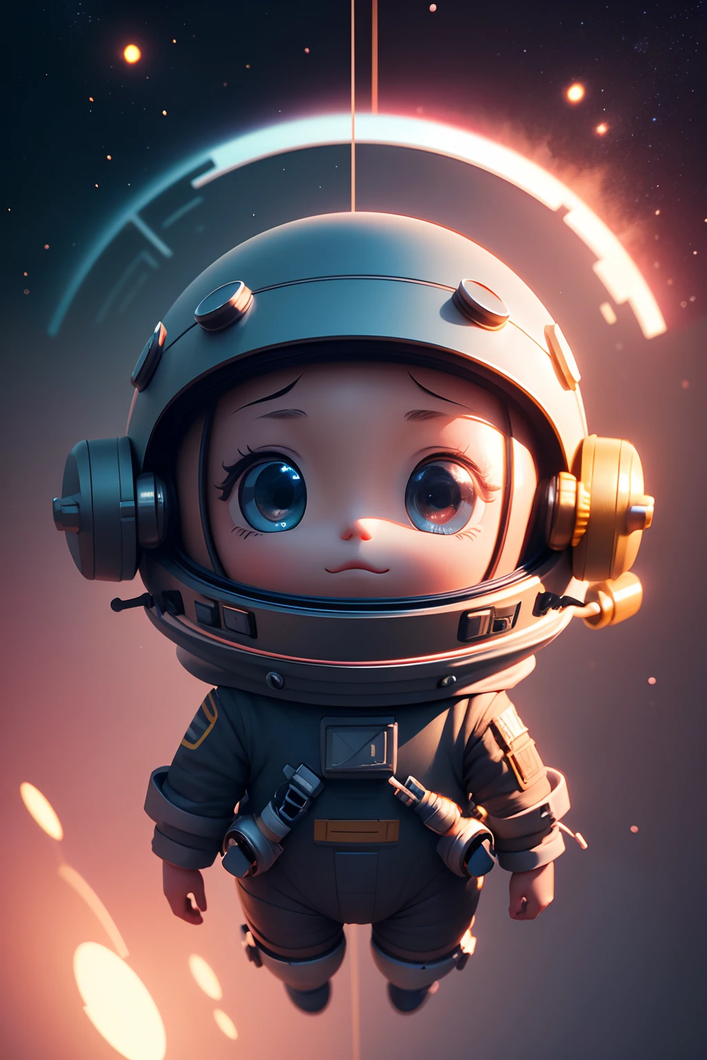 Cute 3D characters, Cute toy sculpture style，The line structure is simple，Bring a helmet，Being in outer space，Full of technology，3D rendering stylized, 3D rendered 8K art, Glossy,digitial painting, Ultra-detailed rendering,with a simple background，The role is on the right，Leave the middle blank，Background extension