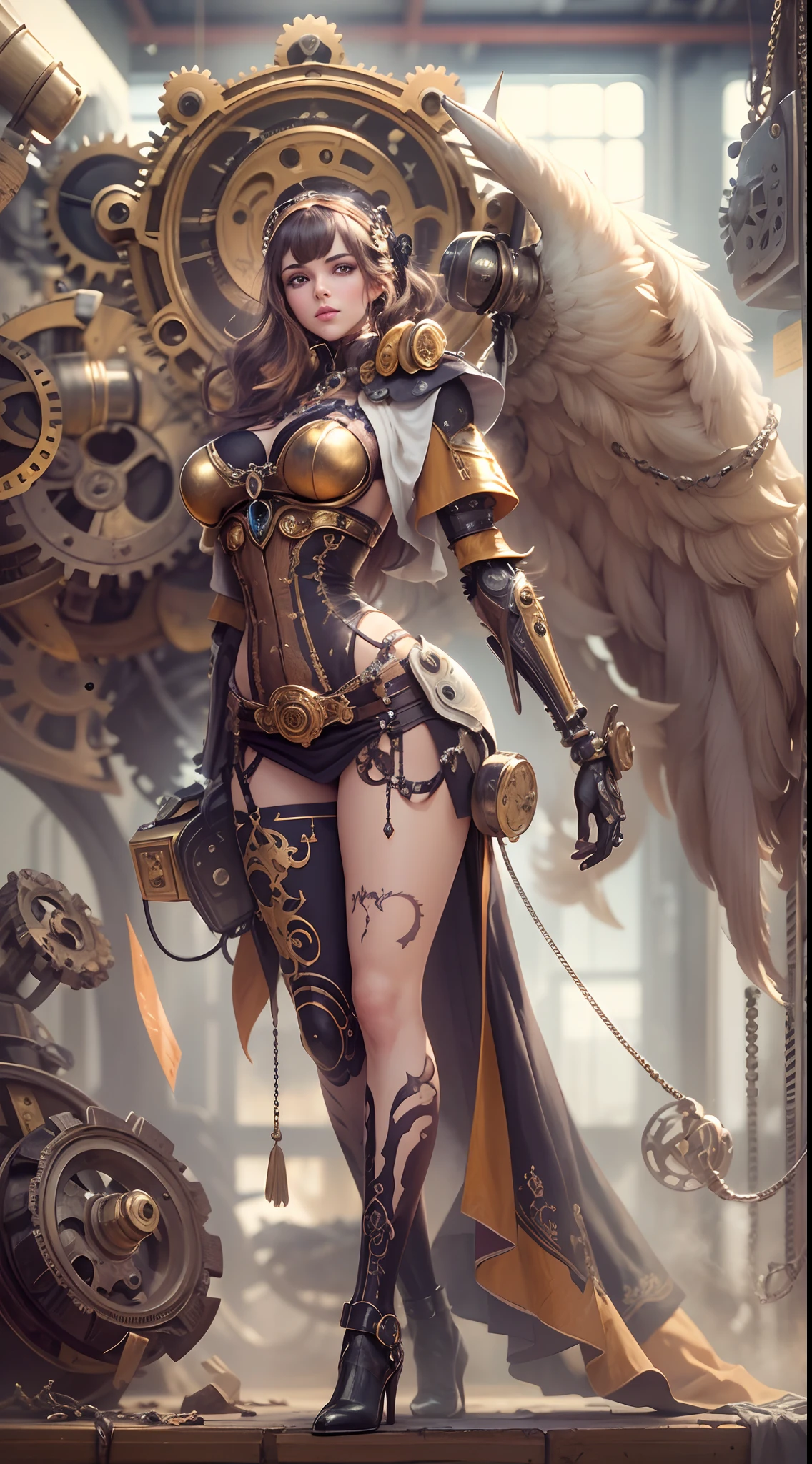 (Best quality,4K,A high resolution,Masterpiece:1.2),Ultra-detailed,(Realistic:1.37) Girl with mechanical parts,steampunk wind,Delicate clockwork details,Brass gears and gears,Beautiful and intricate design,(Mechanical wings),Glowing eyes and glowing tattoos,Colorful metal corsets and skirts,Elegant and elegant gesture,Industrial background with smoky atmosphere,Soft warm lighting,Vintage color palette,The human body and mechanical elements are perfectly integrated