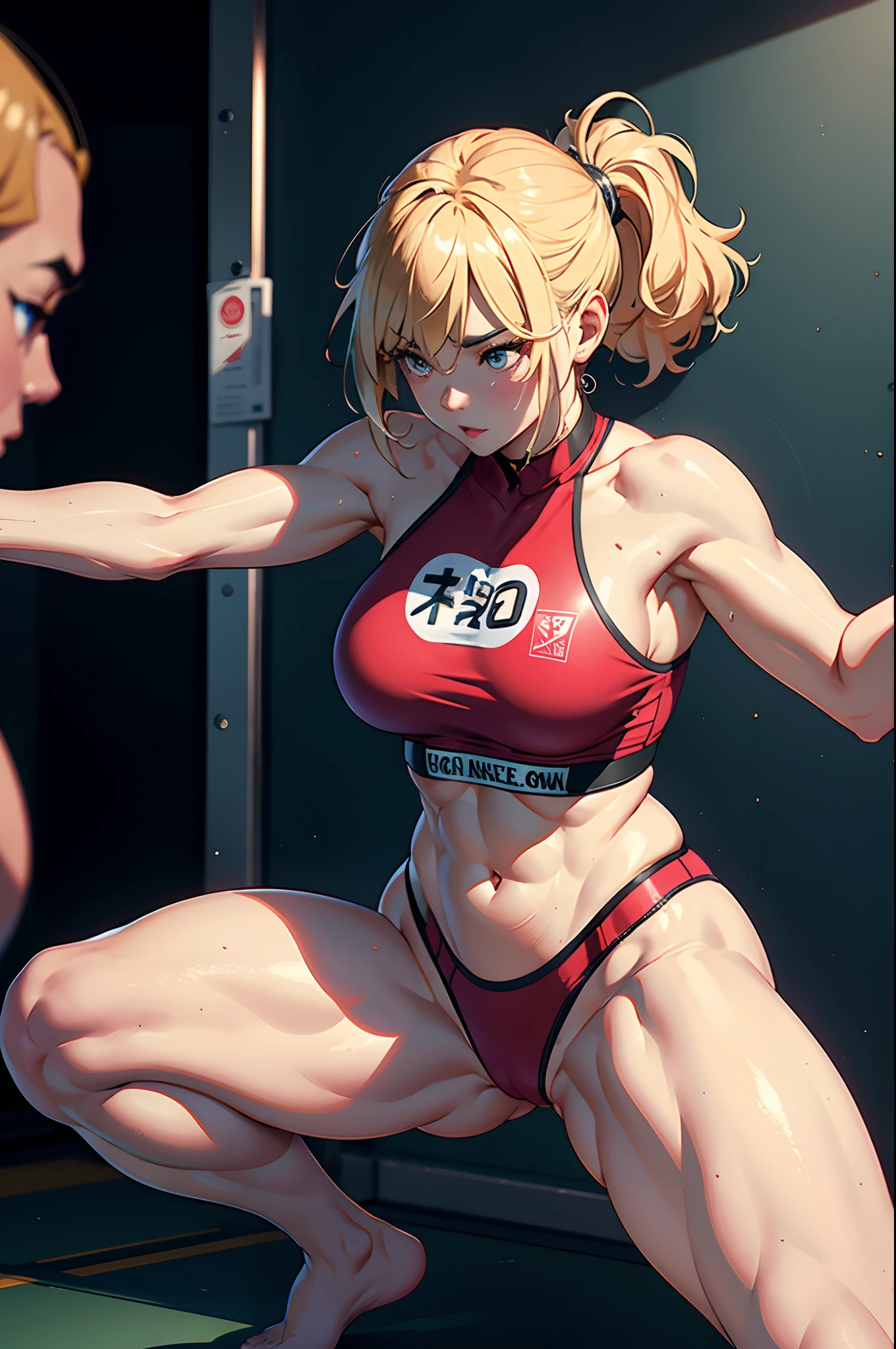 Curvaceous but slender、Muchimuchi Body、Muscle Training Girls、Physical beauty、disheveled hair、Unique fashion、Unexpected camera work、Unique camera work、(top-quality、hight resolution、8k、​masterpiece:1.2)。Muscular short-haired woman in beautiful rough clothes、I train during training sessions at a muscle training facility。Muscles are trained arms and back、Stand out on the legs。Her sweat is a testament to hard work、The contours of the muscles are beautifully revealed.。The lighting in the training room where you can see the night view of one of the rooms of the skyscraper is、Give her a soft glow like a Hollywood actress、Her dedication and determination are felt。Posters of bodybuilding competitions and celebrity quotes are pasted on the walls of the gym.、She is pushing her limits with a powerful expression.。however、In the immediate vicinity is a vicious perverted macho gentleman who targets her body.。