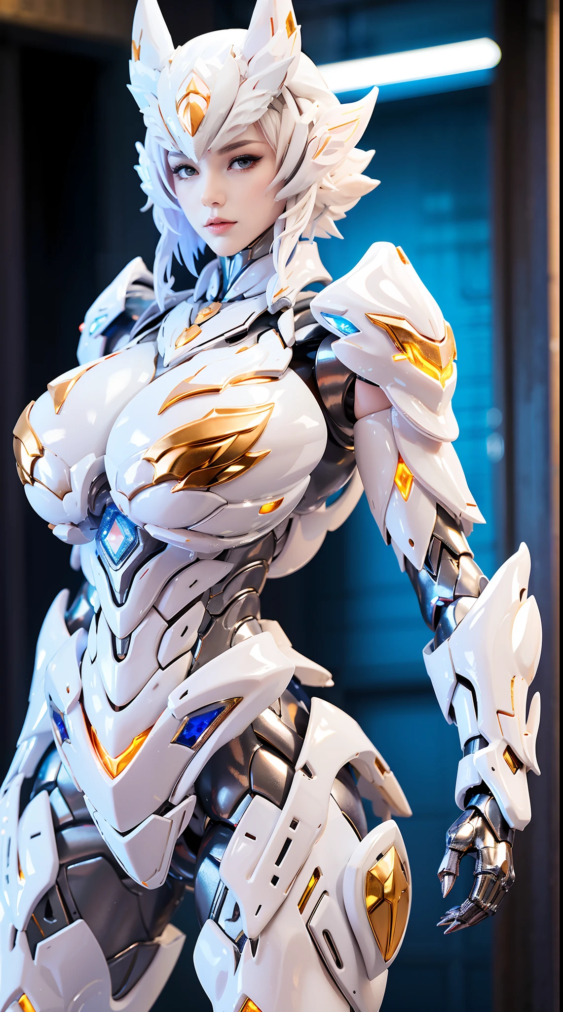 WHITE FOX, HUGE BOOBS, CRYSTAL DRAGON HEAVY SUIT ARMOR, TRANSPARANT, THICK BODY, MUSCLE ABS.