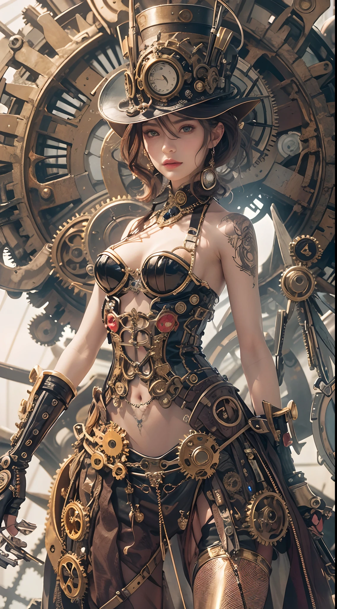 (Best quality,4K,A high resolution,Masterpiece:1.2),Ultra-detailed,(Realistic:1.37) Girl with mechanical parts,steampunk wind,Delicate clockwork details,Brass gears and gears,Beautiful and intricate design,(Mechanical wings),Glowing eyes and glowing tattoos,Colorful metal corsets and skirts,Elegant and elegant gesture,Industrial background with smoky atmosphere,Soft warm lighting,Vintage color palette,The human body and mechanical elements are perfectly integrated