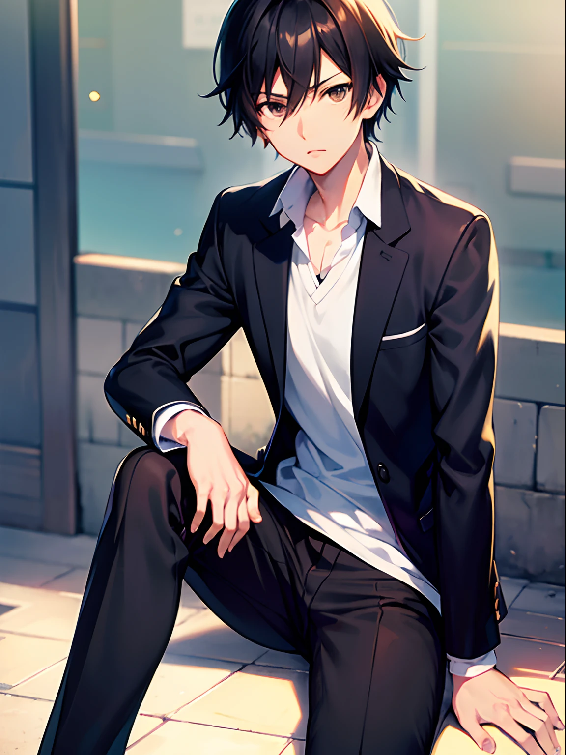 Anime Style A Boy With Cool Pose, Black Hair And Brown eyes, School Uniform, Background On The Street, Anime Makoto Shinkai, Makoto Shinkai Style Art, Expresive Eye, Best Quality, Perfect Face, Boy Characters, Dazai Osamu Hair Style