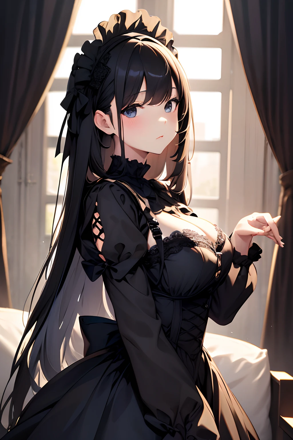 masuter piece,barroco, Gothic ta, Cute, 1girl in, Solo, Full body, Black sofa, Black Dress, absurderes, White lace, hight resolution, ultra-detailliert, highest details,Pure,Pure,Less exposure,Not sexual