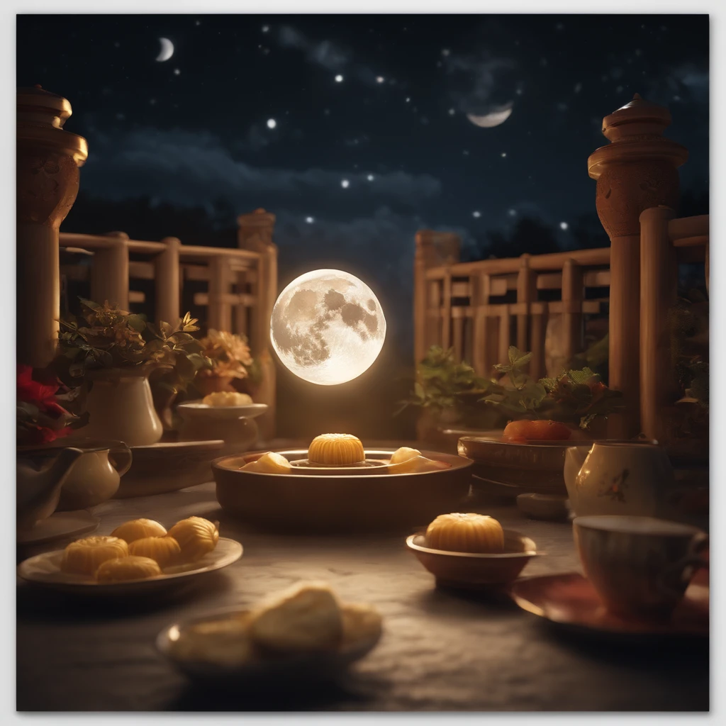 Mid-Autumn Festival, reunion, A round moon, the night, (Moon cake), teas, the fruits, edgBunny, Chang'e rushes to the moon, symmetry, high detail, Romanticism, sparkle, god rays, ray tracing, UHD, retina, masterpiece, ccurate, super detail, high details, high quality, best quality, highres, 16k, anatomically correct