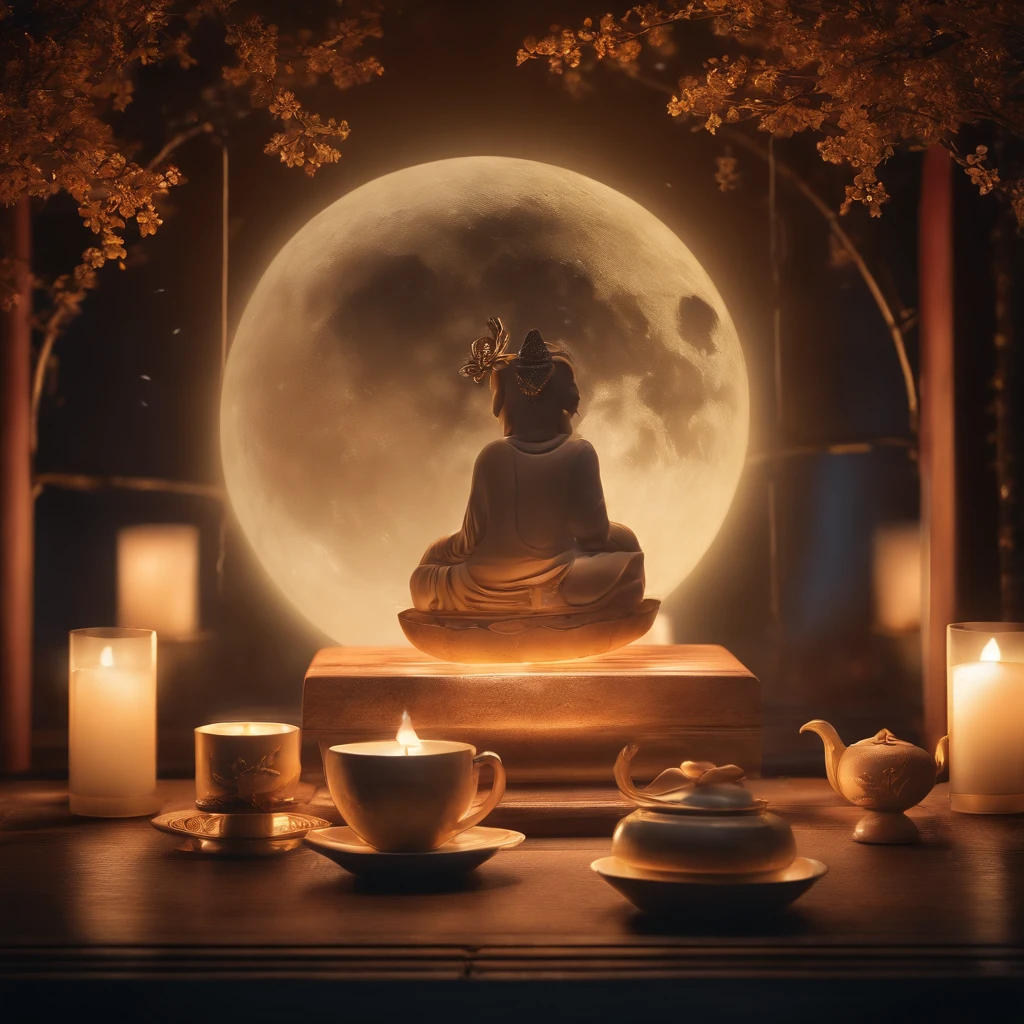 Mid-Autumn Festival, reunion, A round moon, the night, （Moon cake）, teas, the fruits, edgBunny, Chang'e rushes to the moon, symmetry, high detail, Romanticism, sparkle, god rays, ray tracing, UHD, retina, masterpiece, ccurate, super detail, high details, high quality, best quality, highres, 16k, anatomically correct