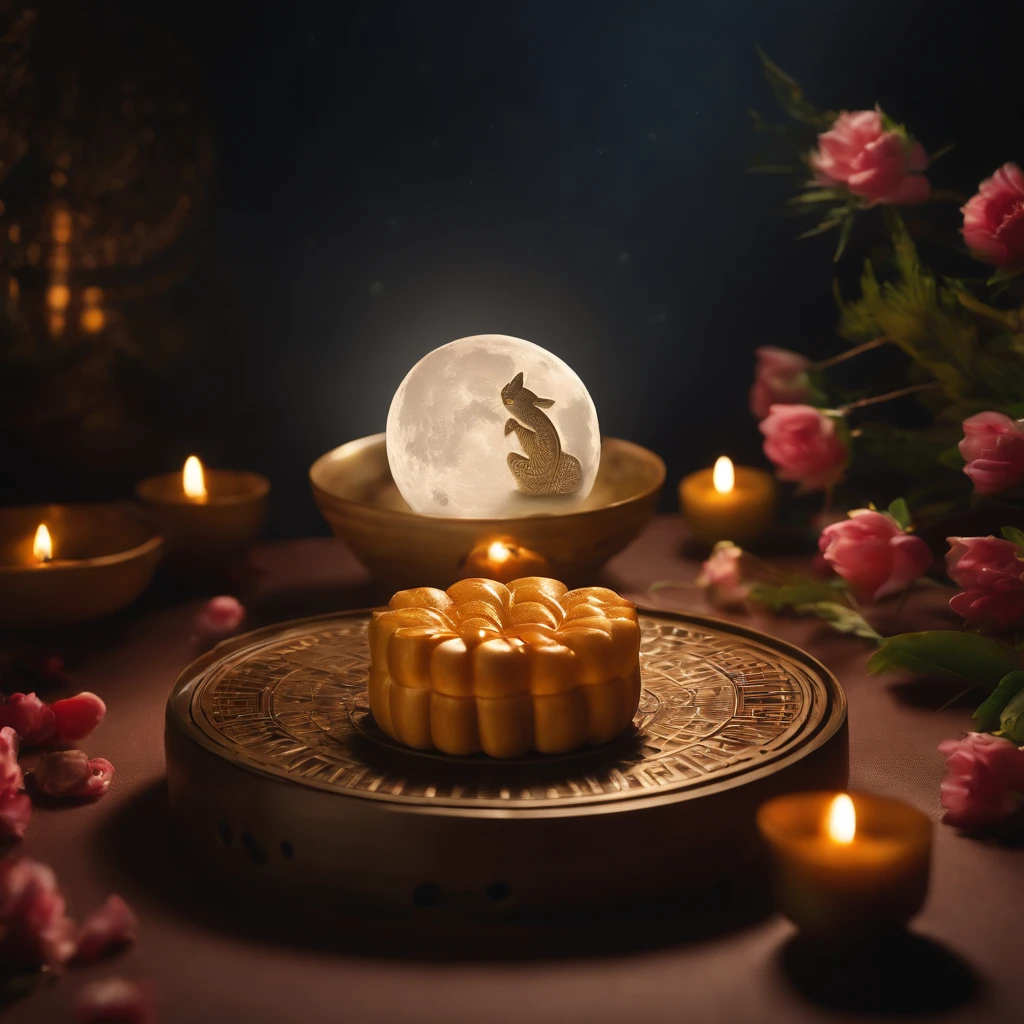 Mid-Autumn Festival, reunion, A round moon, the night, (Moon cake), teas, the fruits, edgBunny, Chang'e rushes to the moon, symmetry, high detail, Romanticism, sparkle, god rays, ray tracing, UHD, retina, masterpiece, ccurate, super detail, high details, high quality, best quality, highres, 16k, anatomically correct