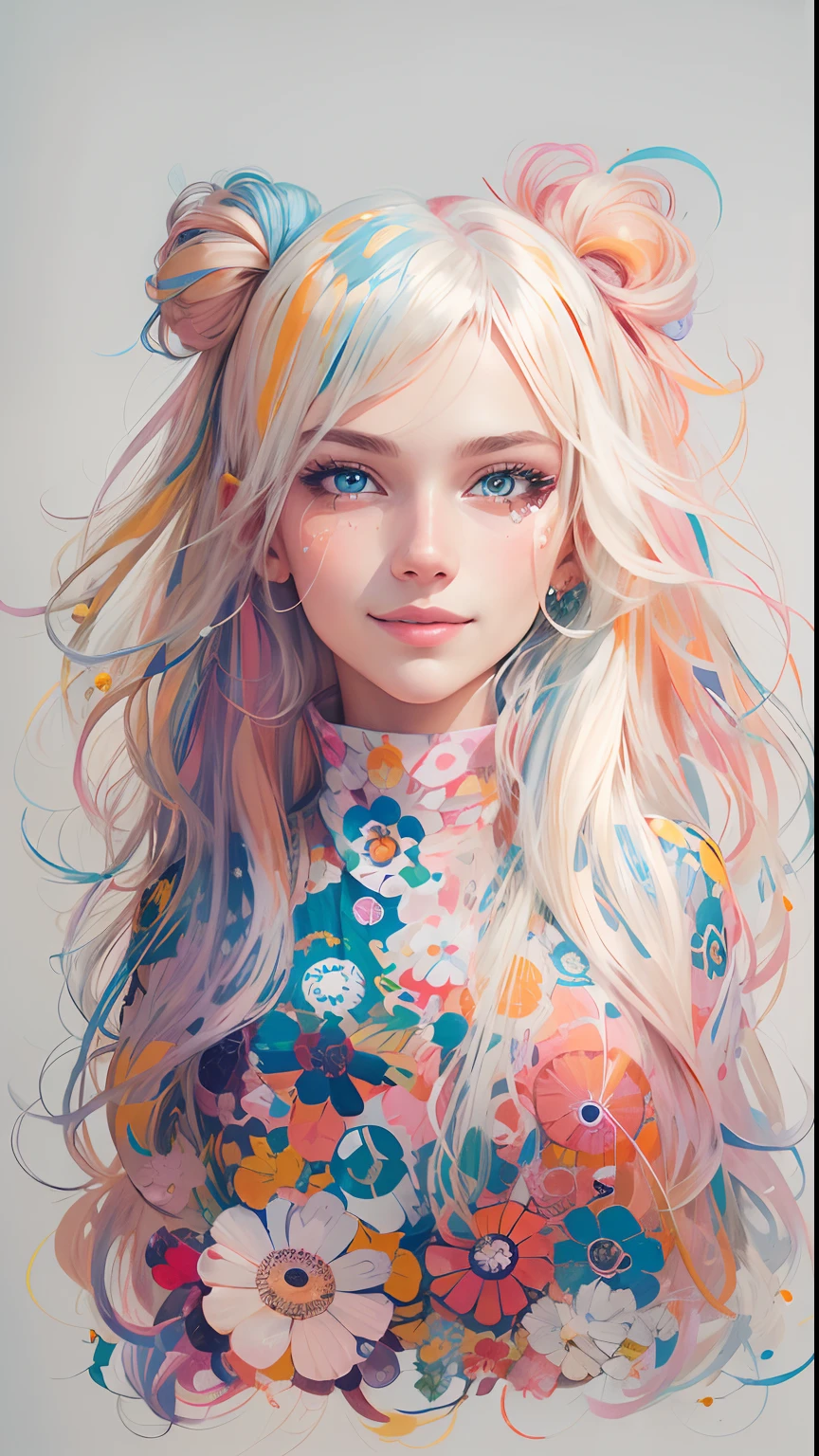 profile portrait of 21 years old Swedish blond with a cute smile and long sleek blond hair, in canvas print, collage-based, line work, fashion illustration, orange and amber pastel color palette, glitter, in the style of Takashi Murakami