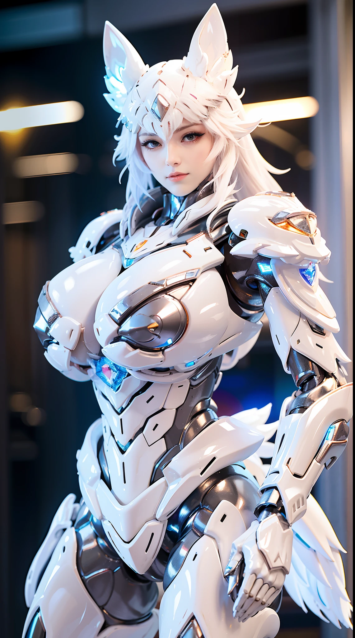 WHITE FOX, HUGE BOOBS, CRYSTAL DRAGON HEAVY SUIT ARMOR, TRANSPARANT, THICK BODY, MUSCLE ABS.