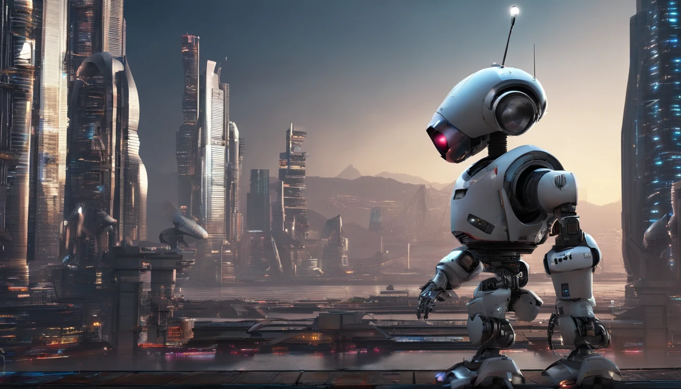 in a future dead city, escrevendo no live, na sala com livros, wide vision, ultra realista, altamente detalhado, pintura digital, arte conceitual, suave, foco nítido, tiro grande angular , Wall-E , babysitter, cute , with a cute  , There is a cute robot standing in the future city play with a cute babyich is a very cute robot, cute elaborate epic robot, beautiful robot character design,  Kid Robot, Portrait of a futuristic robot, robotic mixed with organic, Future Robot, humanoid character, concept robot, White Robot, robot concept art, Steampunk Robot ,wall-E,