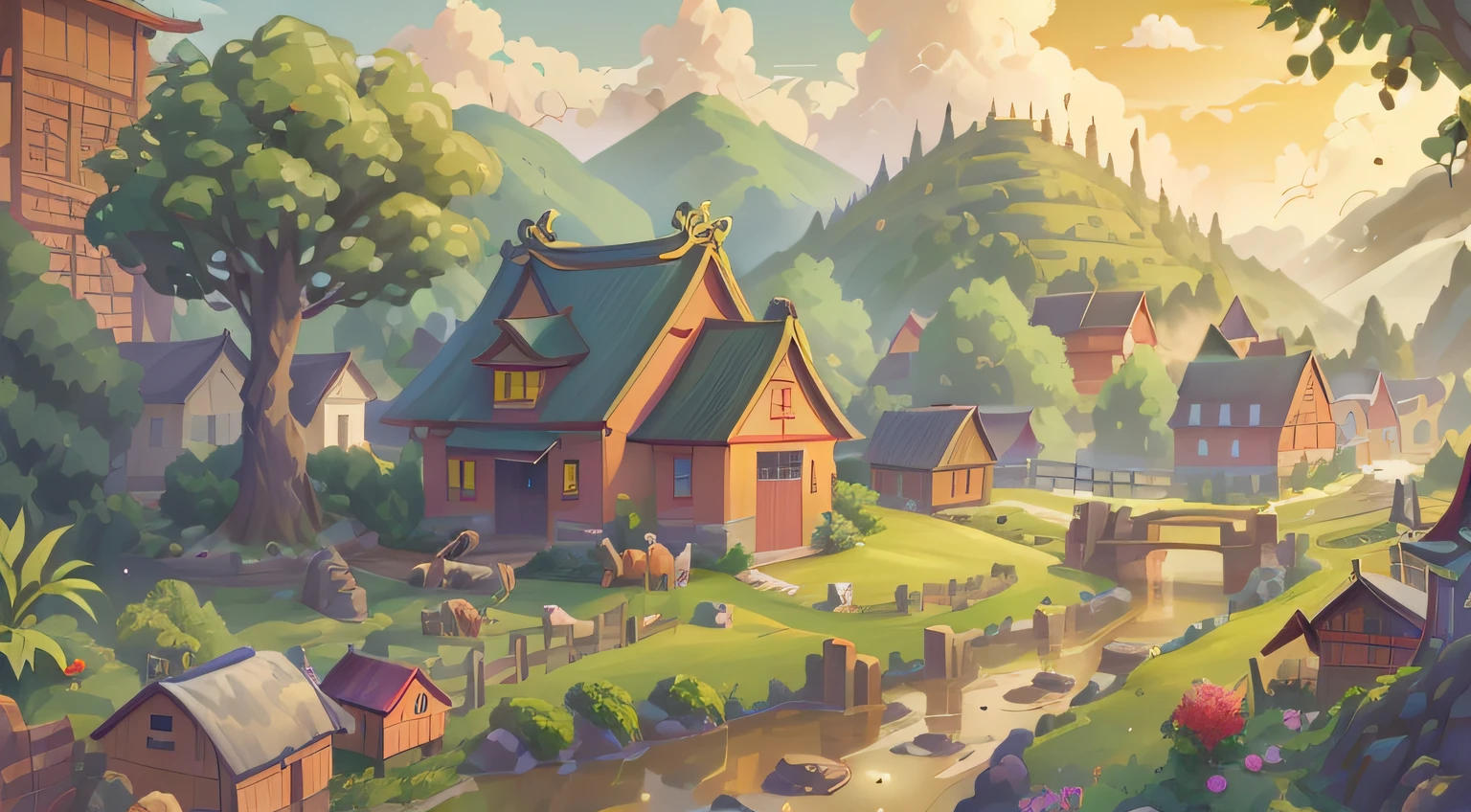 charming, rural chinese illustrations, bright colors, vibrancy, warmth, tranquility, sky, colorful, drizzle, rainbow, clouds, farmers, traditional clothing, farmland, wheat waves, creek, aquatic life, peaceful village, red brick, roof tiles, quaint, warm, plants, weeping willows, roses, vines, ancient temples, glazed tiles, incense burner, bells, farmland studio, painter, smooth brushstrokes, rural landscape, harmony, nature, tradition, life, wonderful, ancient, fantastic.