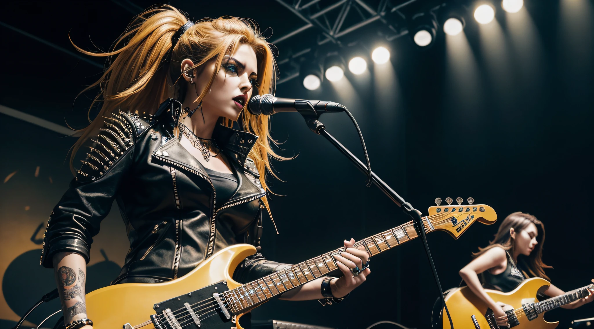 (Masterpiece:1.3, Best quality, Photorealistic, Ultra-detailed, finely detailed, high resolution, 8K wallpaper) Heavy metal, biker chick with chains and spikes, ferocious expression, powerful female rock star, yellow leather, dressed in yellow leather jacket and yellow torn jeans, dark eyeliner and black lipstick, heavy music, fierce woman, standing tall, epic guitar solo, guitar on fire, woman solo electric guitar, female guitarist of metal, woman playing the guitar, electric guitar made of metal, flames on stage, female rocker playing a concert,