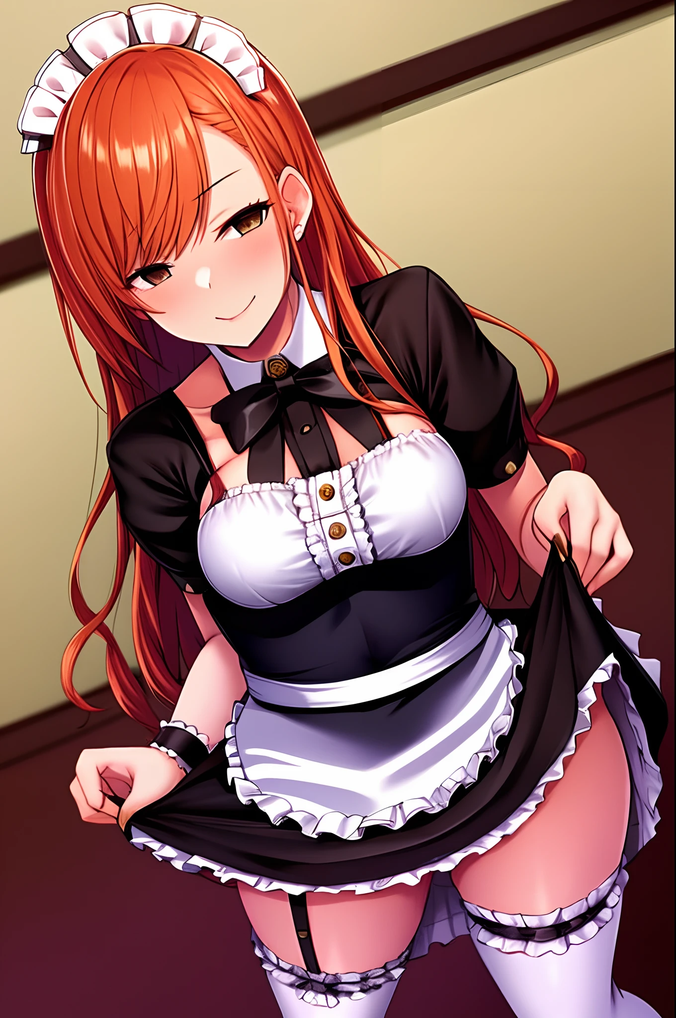 masterpiece, best quality, arisugawa natusha, 1girl, solo, standing, skirt lift, smile, bangs, breasts, maid headdress, maid, frills, black dress, detached collar, puffy short sleeves, wrist cuffs, apron, white thighhighs, white garter straps, long hair, orange hair, looking at viewer, closed mouth, blurry background, medium breasts, (corruption)
