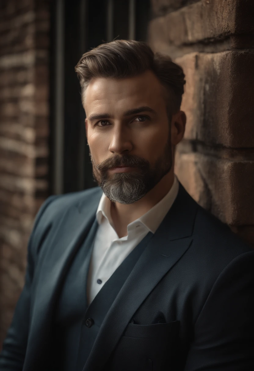 (best quality,4k,8k,highres,masterpiece:1.2),ultra-detailed,(realistic,photorealistic,photo-realistic:1.37), portraits, (oil,acrylic:1.1) painting, (middle-aged,gentleman:1.1), handsome detailed face, piercing detailed eyes, well-defined nose, expressive detailed lips, well-groomed beard, neatly combed hair, stylish tailored suit, confident and charismatic pose, standing in front of a vintage brick wall, with soft, warm, natural light casting a gentle glow on his face, creating a captivating ambiance.