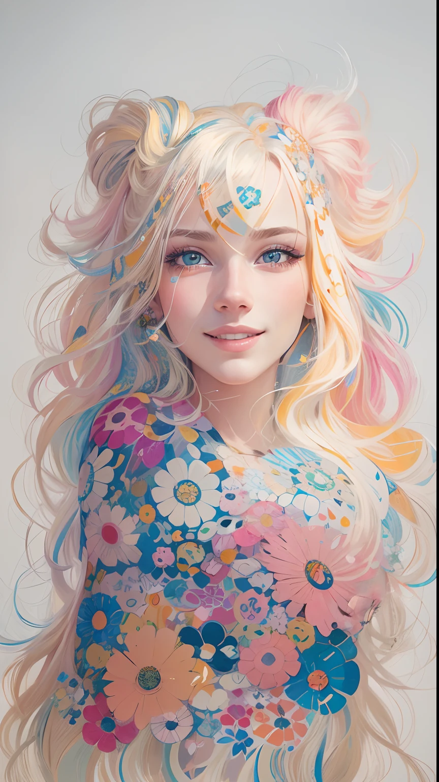 profile portrait of 21 years old Swedish blond with a cute smile and long sleek blond hair, in canvas print, collage-based, line work, fashion illustration, orange and amber pastel color palette, glitter, in the style of Takashi Murakami