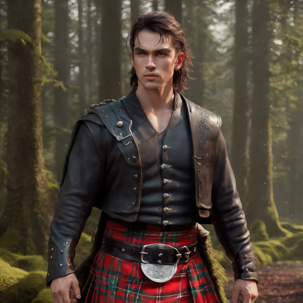 (professional photography:1.3) af (Realistic:1.3) most beautiful artwork photo in the world,Features soft and shiny male heroe, ((Epic hero fantasy scottish medieval warrior muscle man rough wet handsome young hero focused looking long black hair and foucused expression in dynamic pose, Fantastic location, Majestic environment)), Full body 8K unified rendering, action shot, skin pore,Maximum Clarity And Sharpness, lighting, heavyshading, Detailed, Detailed face, (vibrant, photograph realistic, Realistic, Dramatic, Sharp focus, 8K), (barechest:1.4), ((((tartan kilt)))), (Intricate:1.4), decadent, (Highly detailed:1.4), (Global illumination, Studio light, volumettic light), heavy rain, particles floating, lotr, fantasy, full bodyesbian, ((highland storm background in forest:1.3)), very handsome, brutal