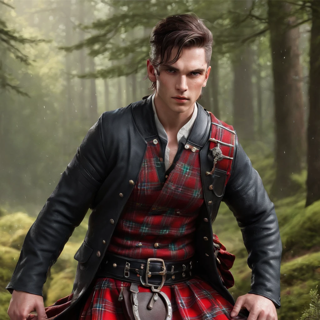 (professional photography:1.3) af (Realistic:1.3) most beautiful artwork photo in the world,Features soft and shiny male heroe, ((Epic hero fantasy scottish medieval warrior muscle man rough wet handsome young hero focused looking long black hair and foucused expression in dynamic pose, Fantastic location, Majestic environment)), Full body 8K unified rendering, action shot, skin pore,Maximum Clarity And Sharpness, lighting, heavyshading, Detailed, Detailed face, (vibrant, photograph realistic, Realistic, Dramatic, Sharp focus, 8K), (barechest:1.4), ((((tartan kilt)))), (Intricate:1.4), decadent, (Highly detailed:1.4), (Global illumination, Studio light, volumettic light), heavy rain, particles floating, lotr, fantasy, full bodyesbian, ((highland storm background in forest:1.3)), very handsome, brutal