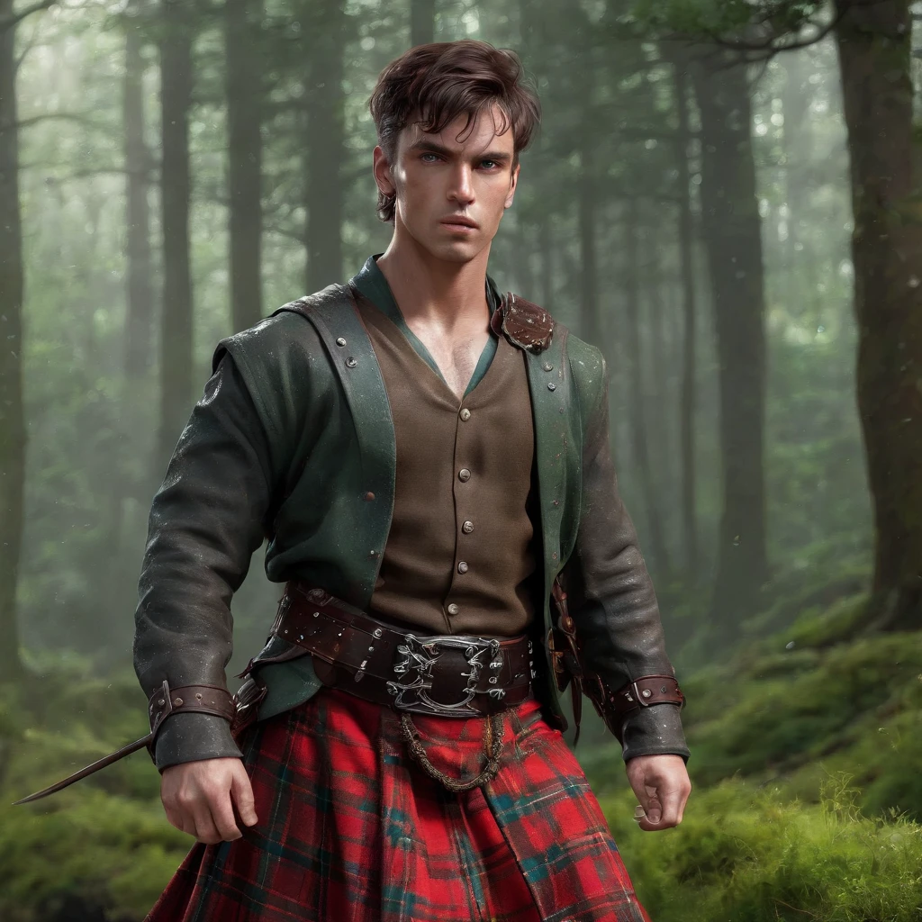 (professional photography:1.3) af (Realistic:1.3) most beautiful artwork photo in the world,Features soft and shiny male heroe, ((Epic hero fantasy scottish medieval warrior muscle man rough wet handsome young hero focused looking long black hair and foucused expression in dynamic pose, Fantastic location, Majestic environment)), Full body 8K unified rendering, action shot, skin pore,Maximum Clarity And Sharpness, lighting, heavyshading, Detailed, Detailed face, (vibrant, photograph realistic, Realistic, Dramatic, Sharp focus, 8K), (barechest:1.4), ((((tartan kilt)))), (Intricate:1.4), decadent, (Highly detailed:1.4), (Global illumination, Studio light, volumettic light), heavy rain, particles floating, lotr, fantasy, full bodyesbian, ((highland storm background in forest:1.3)), very handsome, brutal