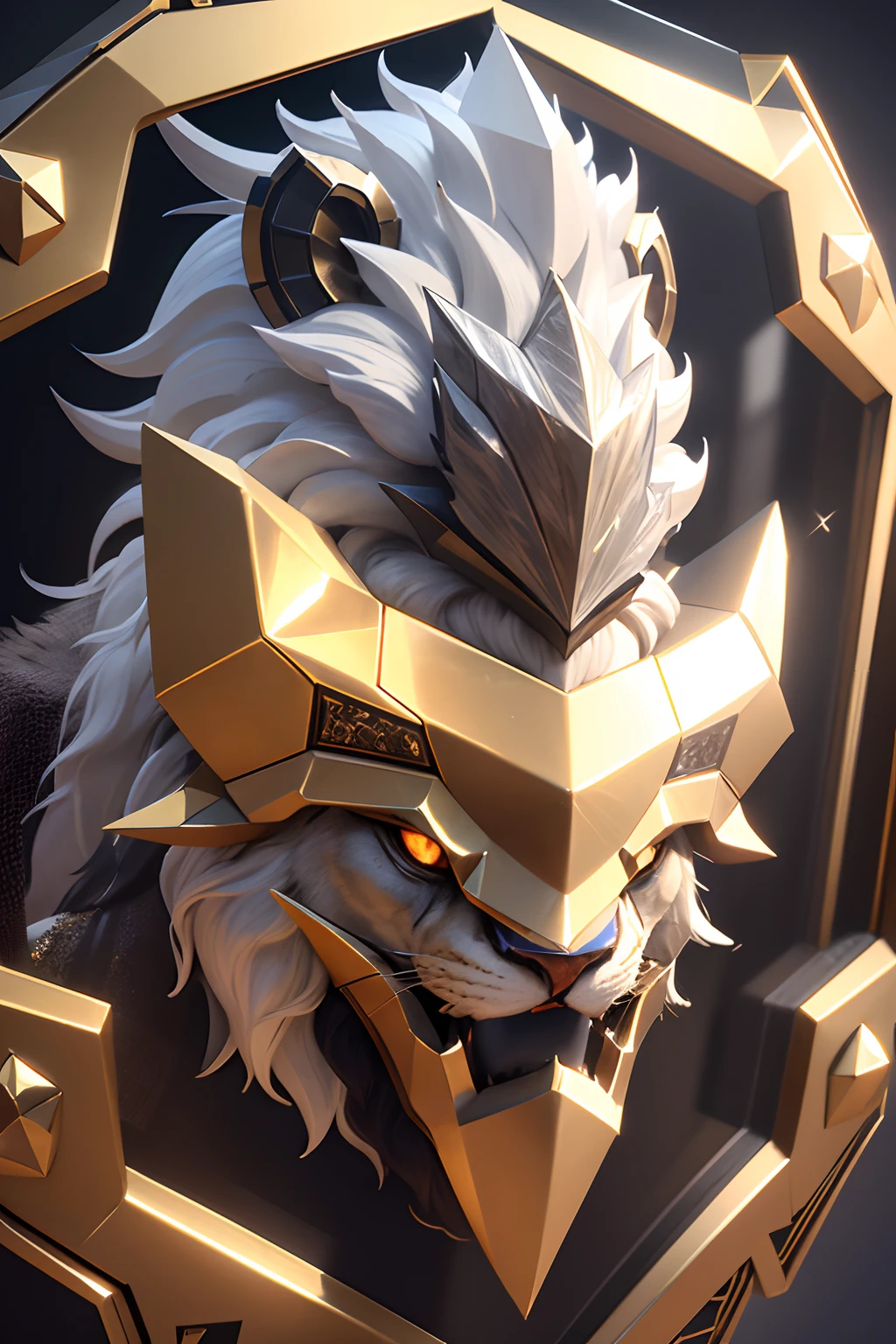 Metal shield,Game badges,Surrounding metal feathers,Middle 3D art lion,low polygon,Clear structure,metal hair,Close-up of a diamond on the head, game icon stylized,c4d渲染,crystal material,ornate border,shield emblem,Front view