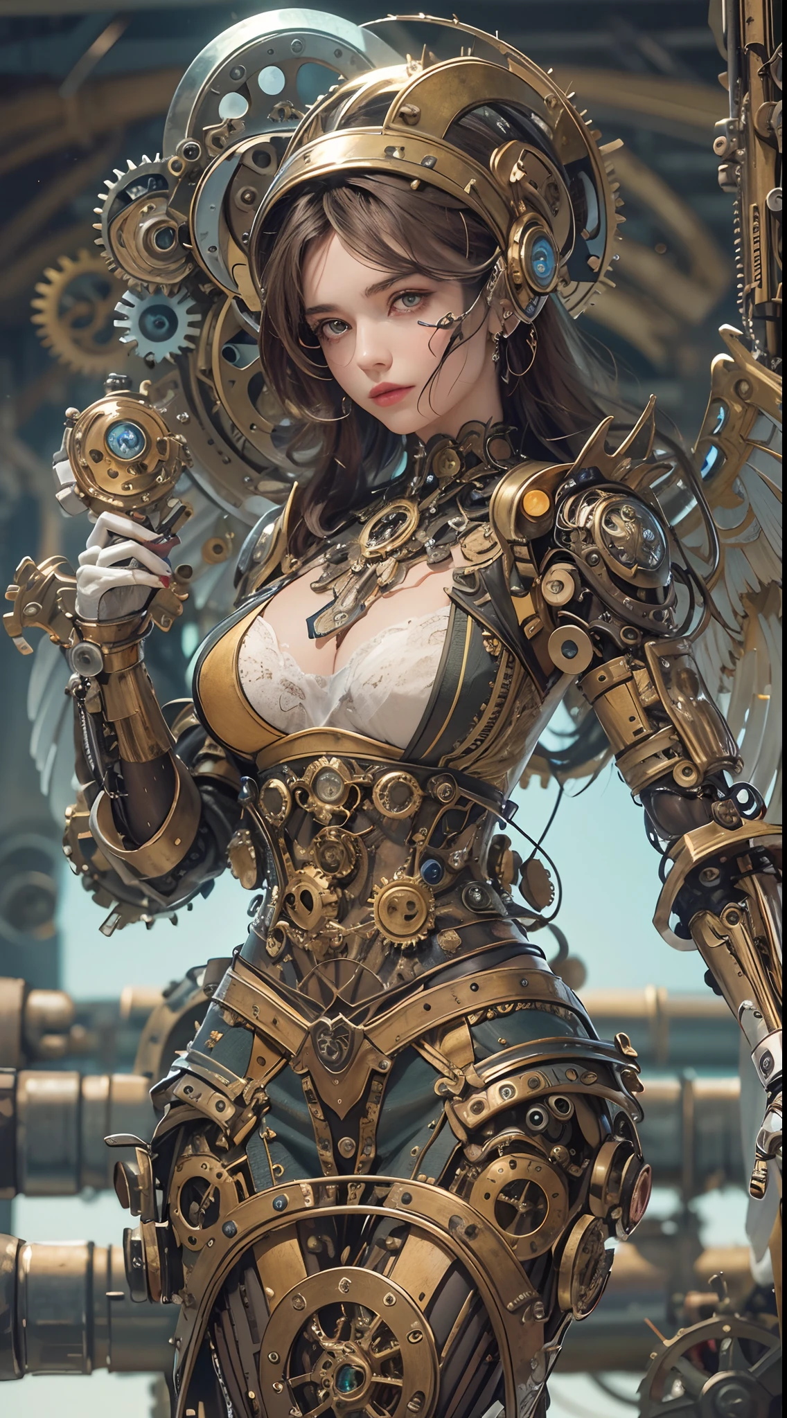 (Best quality,4K,A high resolution,Masterpiece:1.2),Ultra-detailed,(Realistic:1.37) Girl with mechanical parts,steampunk wind,Delicate clockwork details,Brass gears and gears,(Mechanical limb),Beautiful and intricate design,(Mechanical wings),Glowing eyes and glowing tattoos,Colorful metal corsets and skirts,Elegant and elegant gesture,Industrial background with smoky atmosphere,Soft warm lighting,Vintage color palette,The human body and mechanical elements are perfectly integrated