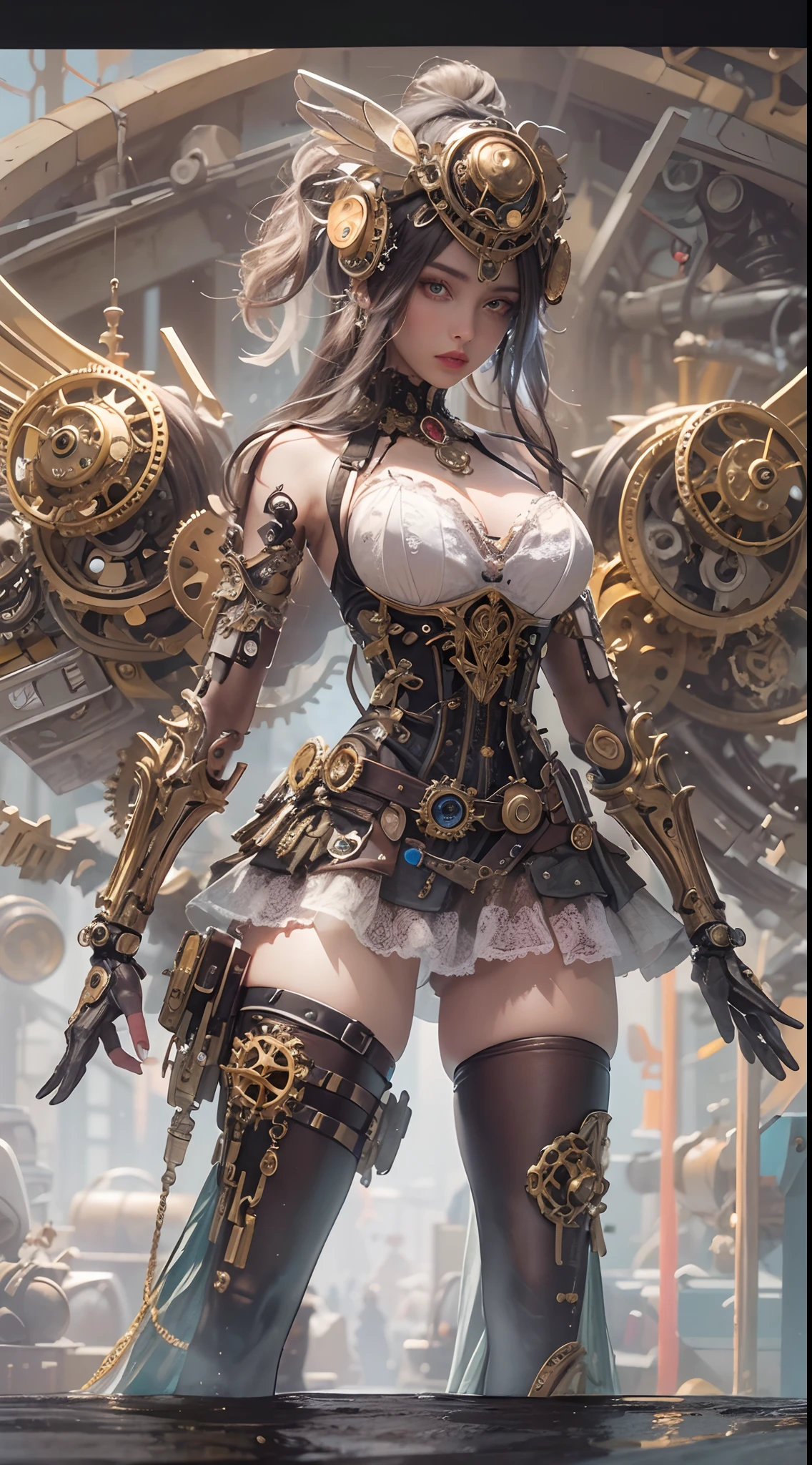 (Best quality,4K,A high resolution,Masterpiece:1.2),Ultra-detailed,(Realistic:1.37) Girl with mechanical parts,steampunk wind,Delicate clockwork details,Brass gears and gears,(Mechanical limb),Beautiful and intricate design,(Mechanical wings),Glowing eyes and glowing tattoos,Colorful metal corsets and skirts,Elegant and elegant gesture,Industrial background with smoky atmosphere,Soft warm lighting,Vintage color palette,The human body and mechanical elements are perfectly integrated