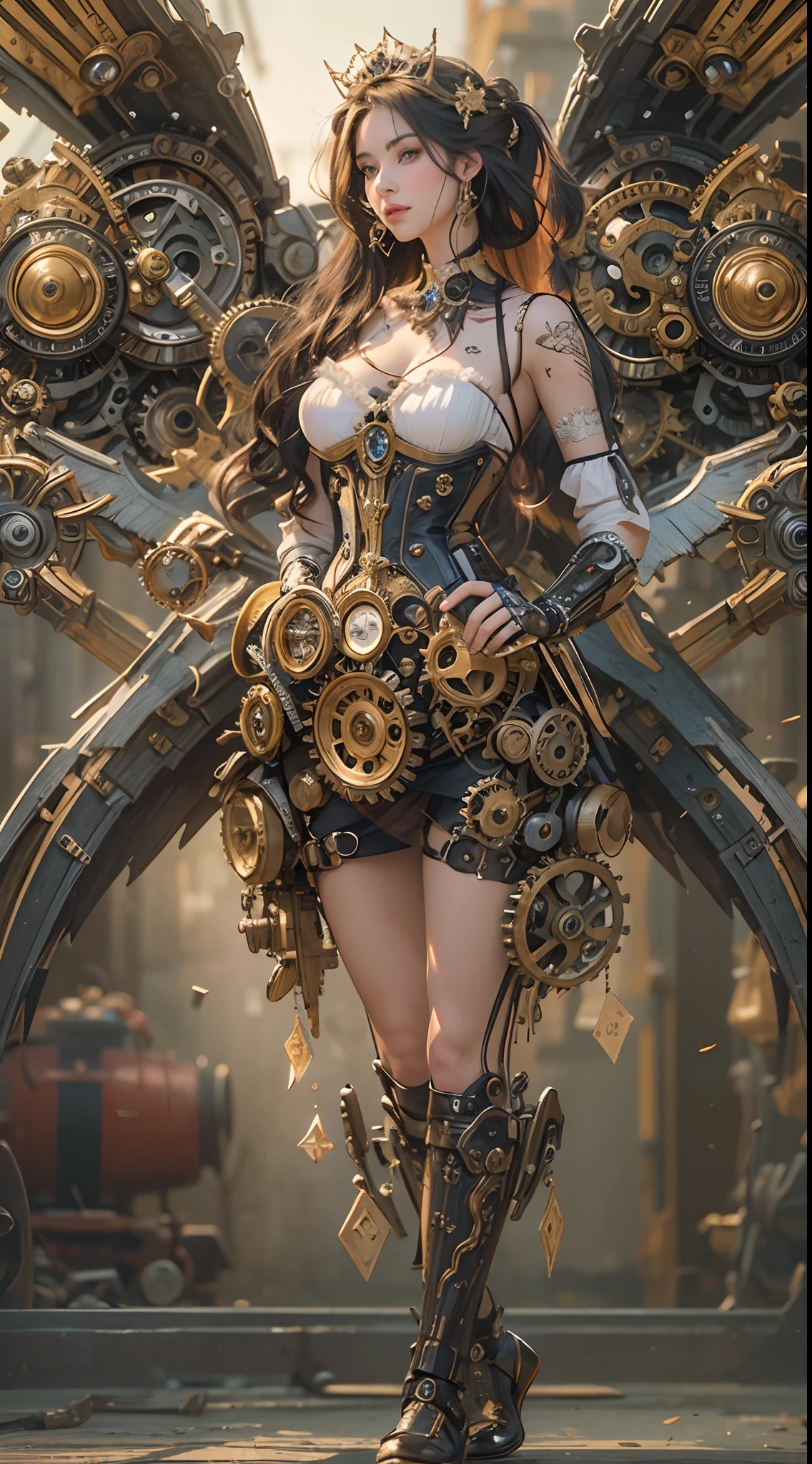 (Best quality,4K,A high resolution,Masterpiece:1.2),Ultra-detailed,(Realistic:1.37) Girl with mechanical parts,steampunk wind,Delicate clockwork details,Brass gears and gears,(Mechanical limb),Beautiful and intricate design,(Mechanical wings),Glowing eyes and glowing tattoos,Colorful metal corsets and skirts,Elegant and elegant gesture,Industrial background with smoky atmosphere,Soft warm lighting,Vintage color palette,The human body and mechanical elements are perfectly integrated
