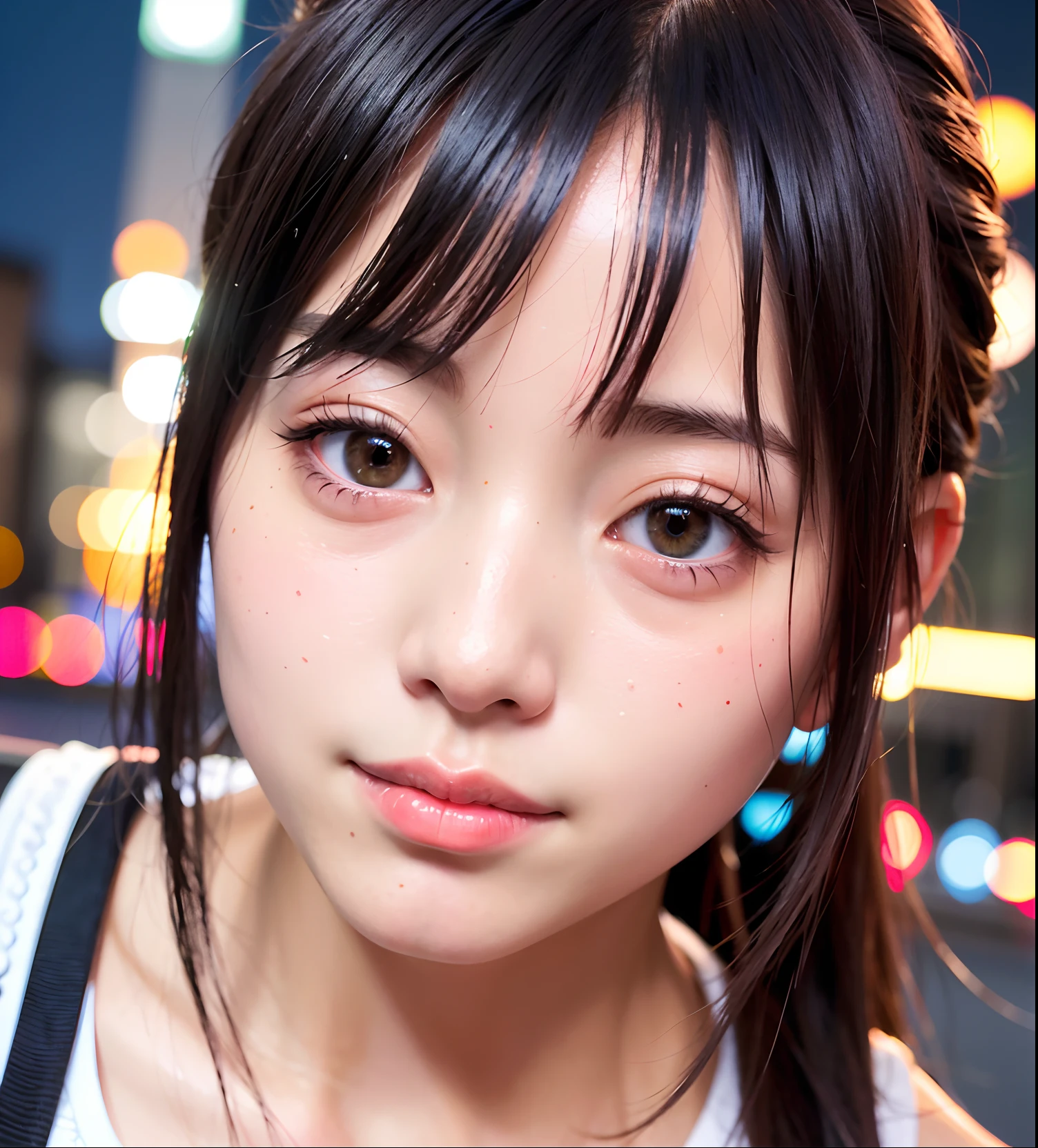 1girl, Tokyo street,night, cityscape,city lights,upper body,close-up,smile,, (8k, RAW photo, best quality, masterpiece:1.2),(realistic, photo-realistic:1.37),