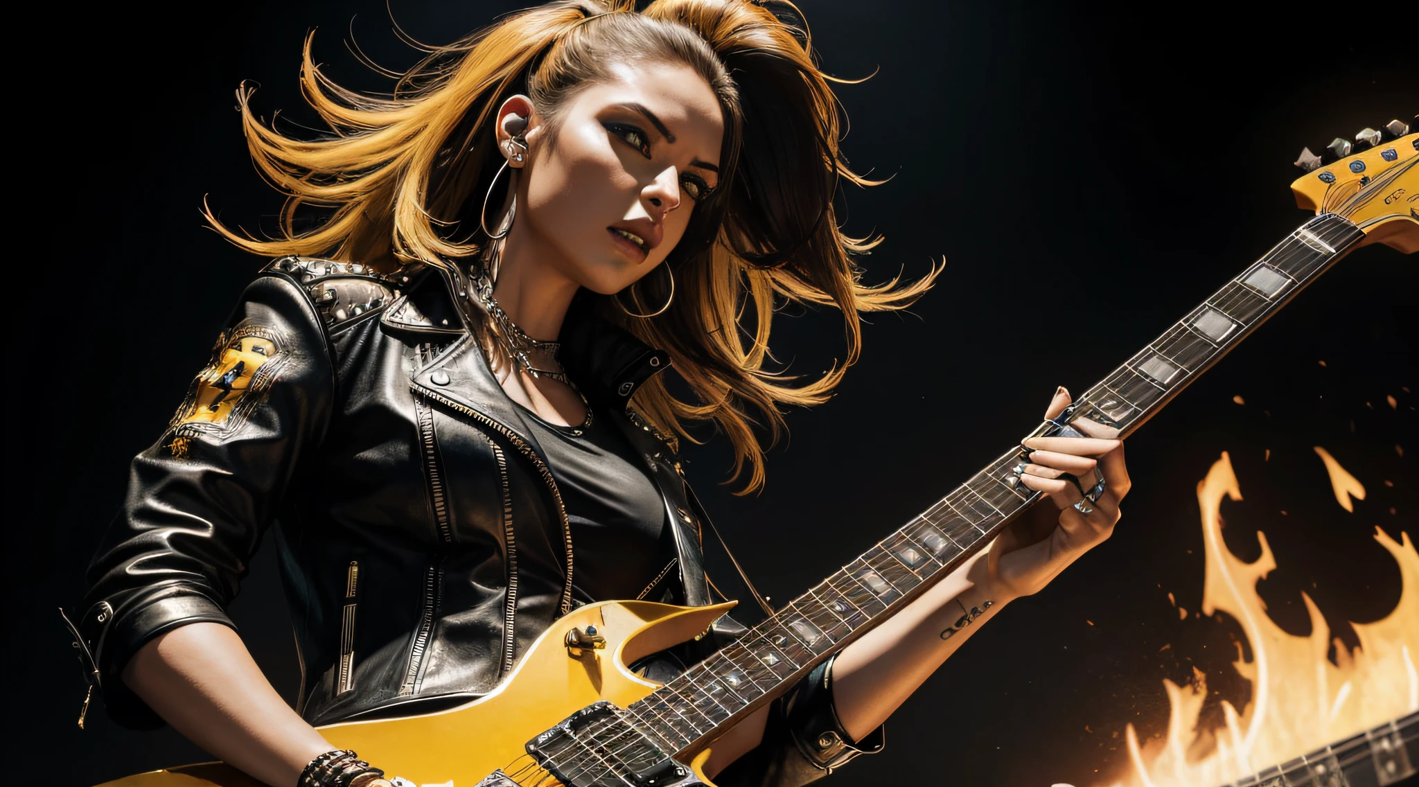 (Masterpiece:1.3, Best quality, Photorealistic, Ultra-detailed, finely detailed, high resolution, 8K wallpaper) Heavy metal, biker chick with chains and spikes, ferocious expression, powerful female rock star, yellow leather, dressed in yellow leather jacket and yellow torn jeans, dark eyeliner and black lipstick, heavy music, fierce woman, standing tall, epic guitar solo, guitar on fire, woman solo electric guitar, female guitarist of metal, woman playing the guitar, electric guitar made of metal, flames on stage, female rocker playing a concert,