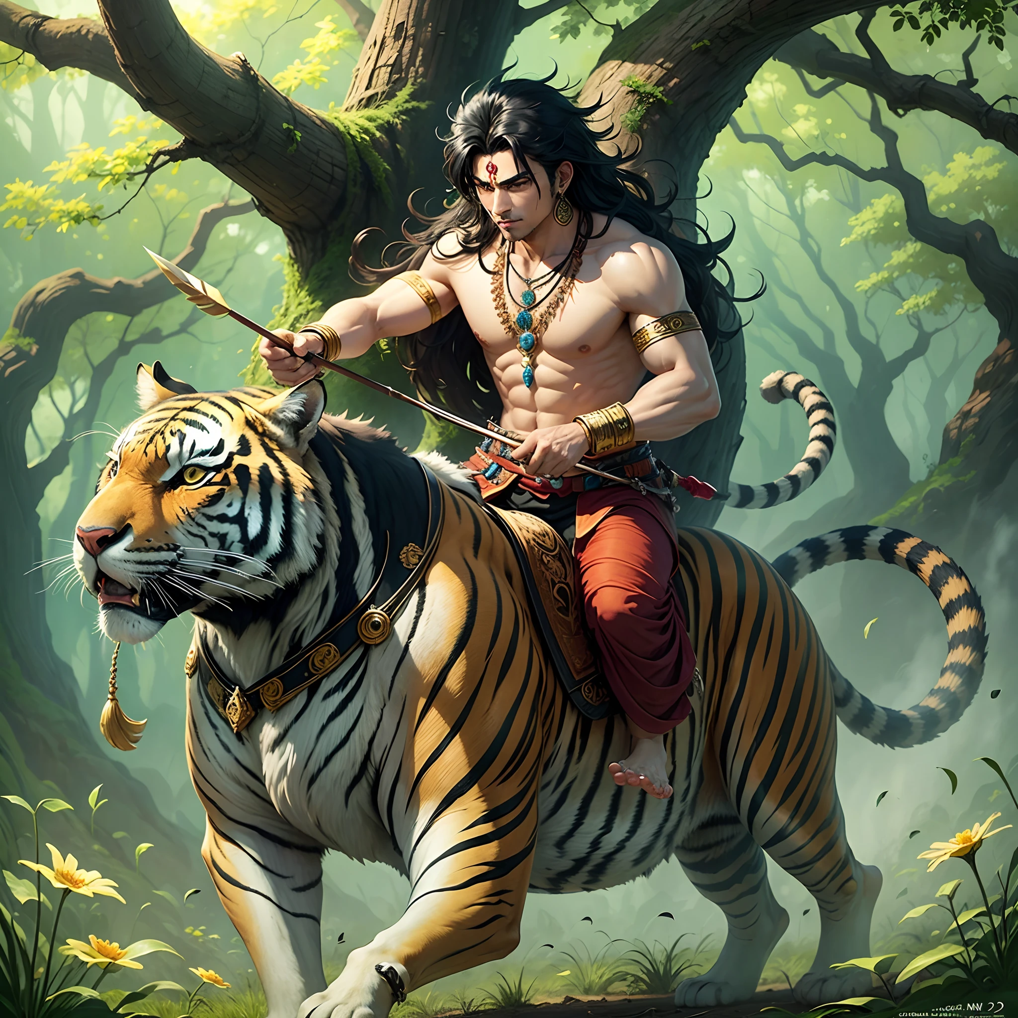 king riding on a tiger, black hair, hindu , weapon, flower, earrings, outdoors, barefoot, pants, necklace, bracelet, tree, grass, nature, bow (weapon), arrow (projectile) hindu lord siva,vishnu hindu culture ,anime --auto --s2