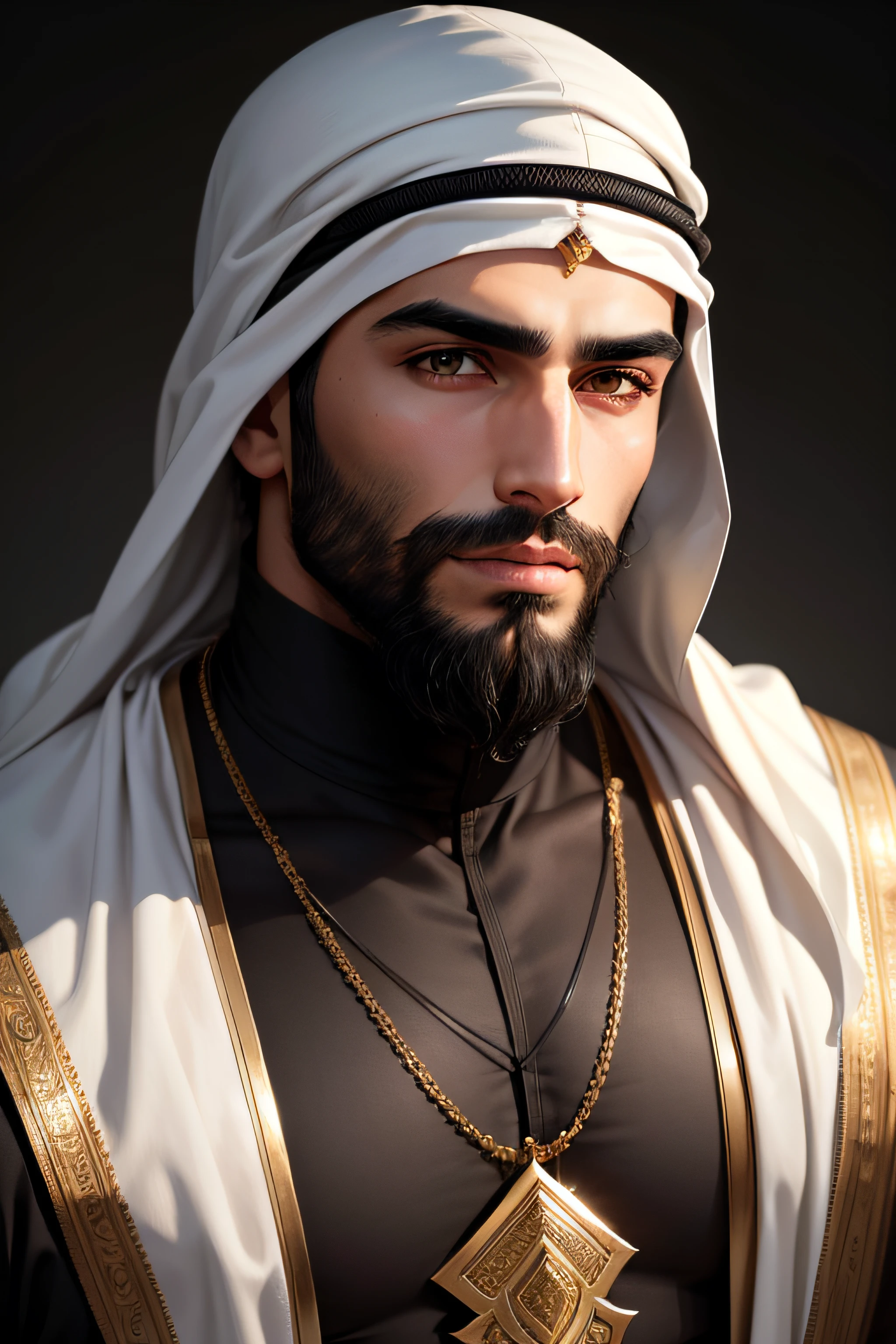 an arab handsome man, head covered, short black beard, shaped jawline, white background, brown eyes