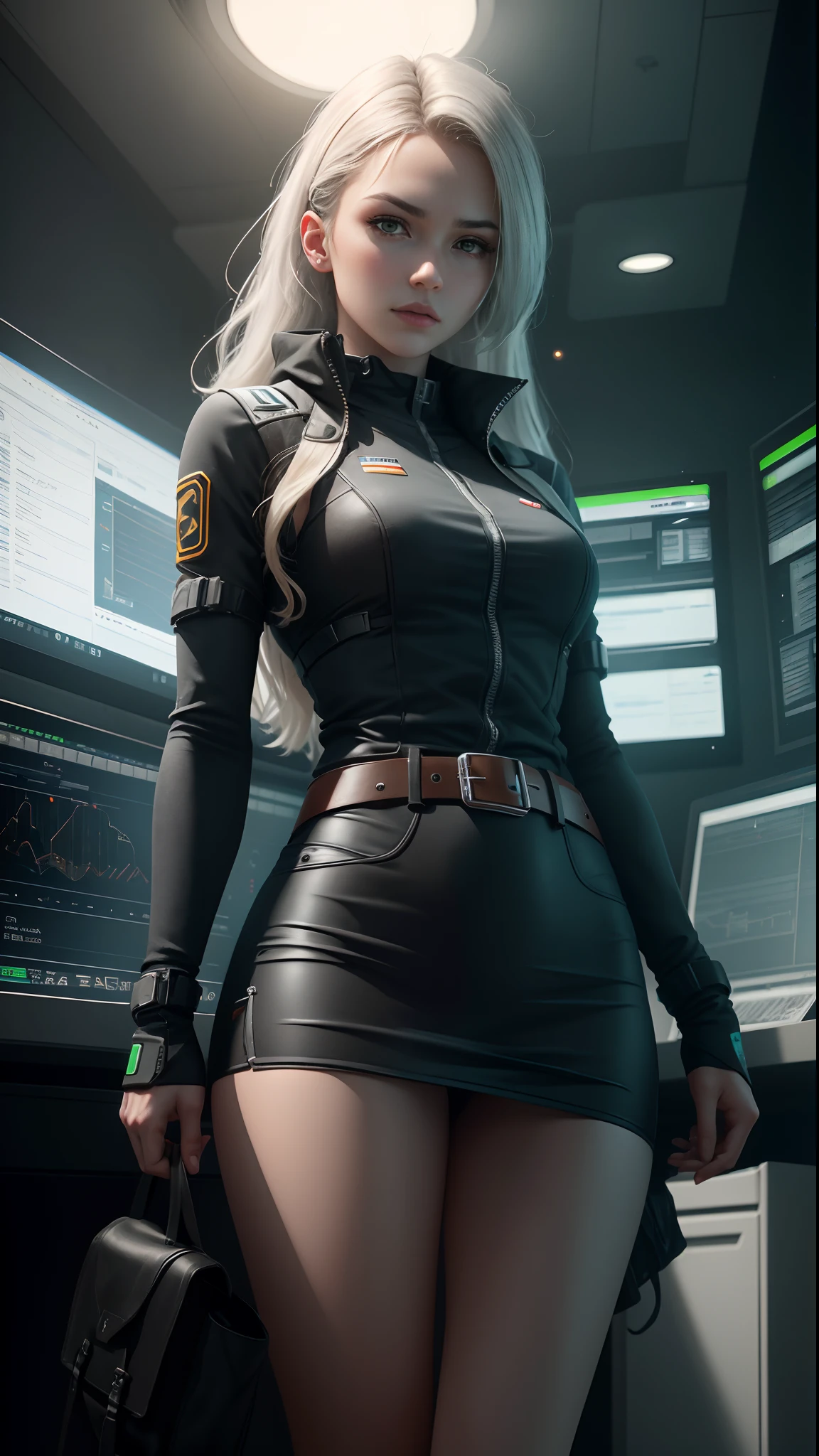 inside a high tech control room with many monitors and screen, wearing black suit and mini tight skirt, a girl with calm and rational personality, demonstrating a loyal and efficient approach to her tasks, human-like aspect to her, possess emotions and empathy, leadership and cooperation would be crucial traits for her in order to support the mercenaries effectively, 6-foot-tall mechanical being with a silver metallic exterior, boasts a futuristic design, sports data control gloves on her wrists, with small hardware interfaces on her fingertips, waist carries a belt containing communication devices, hacking tools, and other accessories, (Best quality, masterpiece, highly detailed:1.3), 3D, beautiful cyberpunk women, ancient technology ,HDR (High Dynamic Range), Ray Tracing, NVIDIA RTX, Super-Resolution, Unreal 5, Subsurface scattering, PBR Texturing, Post-processing, Anisotropic Filtering, Depth-of-field, Maximum clarity and sharpness, Multi-layered textures, Albedo and Specular maps, Surface shading, Accurate simulation of light-material interaction, Perfect proportions, Octane Render, Two-tone lighting, Low ISO, White balance, Rule of thirds,Wide aperture, 8K RAW,Efficient Sub-Pixel, sub-pixel convolution, luminescent particles, light scattering, Tyndall effect,
