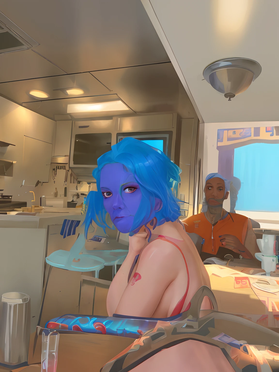 there is one woman sitting at a table in a kitchen, photo portrait, looking to the side off camera, blue hair, tatoos,taken in the early 2020s, glaring at the camera, by Pamela Ascherson, production still, looking away from viewer, 1 / 4 portrait, looking directly at the viewer, on kitchen table, by Dan Frazier