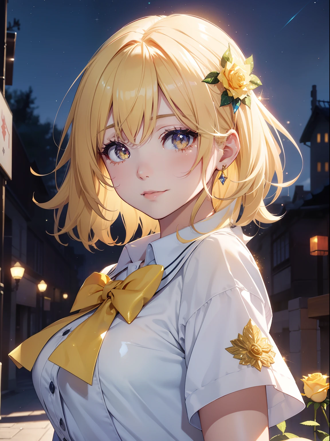masutepiece, High resolution, 8K, anime woman, Delicate and detailed writing 、Detailed digital illustration、Short hair、perm、Shiny hair、Bangs、a very beautiful woman、Eyes are double, Large, Bust is D cup、High image quality, High quality、Detailed background、((Night School Background))、The inside of the eye shines like a diamond、Light yellow hair、Gradient pupil、(((2 arms、4 fingers, 1 thumb)))、Detailed female face、Very beautiful and cute woman、、细致背景、masterpiece、Soft Focus , Bright gradient watercolor , Lens Flare , (((Glitter))) , Glow , Dreamy , Yellow Ribbon、((Very beautiful yellow rose hair accessories))、((Straight at the angle of the front))、(School Uniforms:1.2)、beaming smile