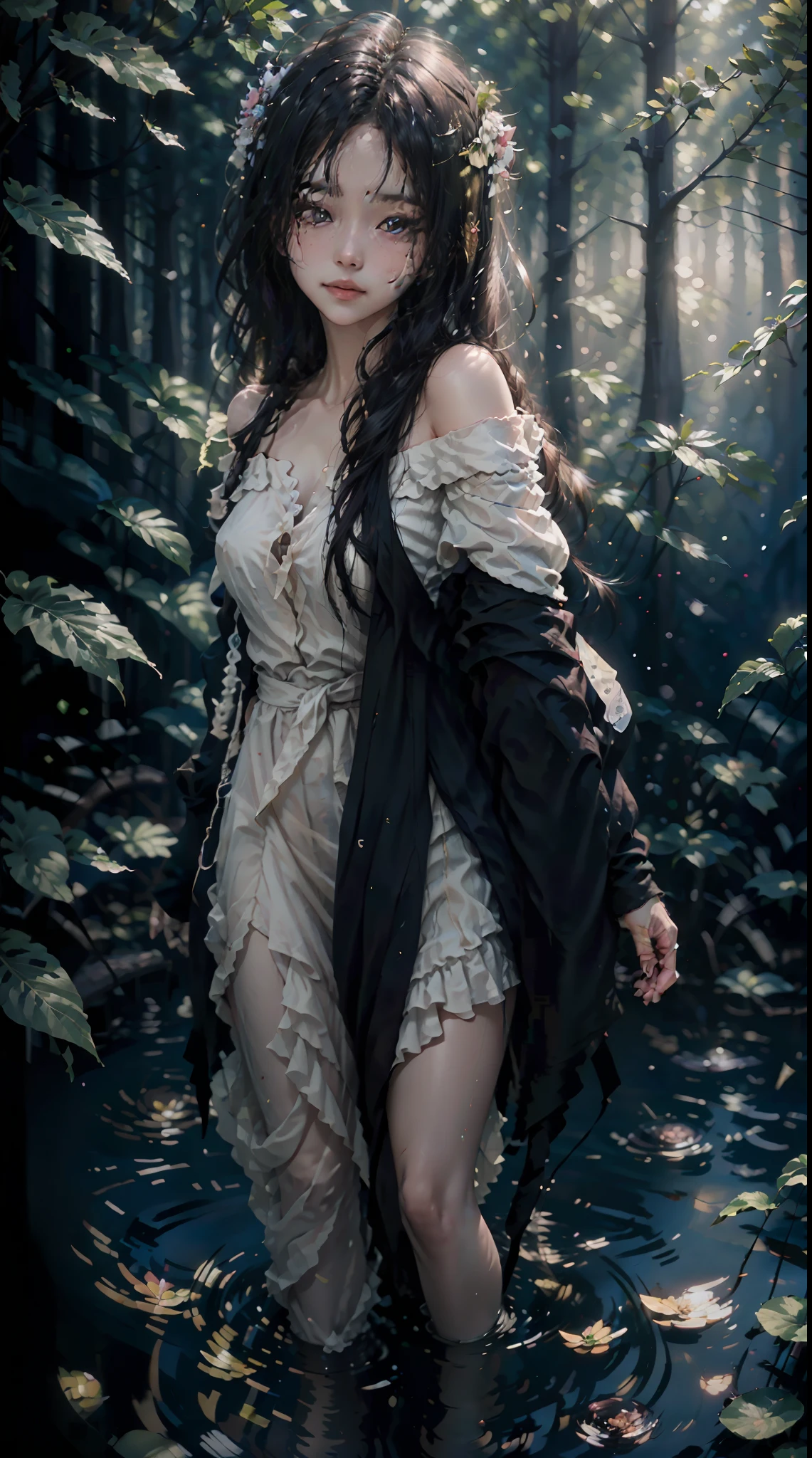 A girl in a forest,dappled sunlight,full body,clear white outfit,illustration,fantasy,fairytale,soft lighting,best quality,ultra-detailed,vivid colors,dreamy atmosphere,lush greenery,magical vibe,endless trees,serene expression,long flowing hair,ethereal glow,peaceful ambiance,sunbeams streaming through the trees,whimsical elements,enchanted forest,fantasy art.color contact lenses, light blush, glint, bright pupils, happy, light smile, ringed eyes, color contact lenses, streaked hair, brown hair, hair over shoulder, messy hair, hair spread out, high detail, depth of field, cinematic lighting, god rays, ray tracing, backlighting, Fujicolor, f/1.2, 85mm, Fujifilm, panorama, UHD, masterpiece, ccurate, textured skin, super detail, high details, high quality, best quality, highres, 16k, HD