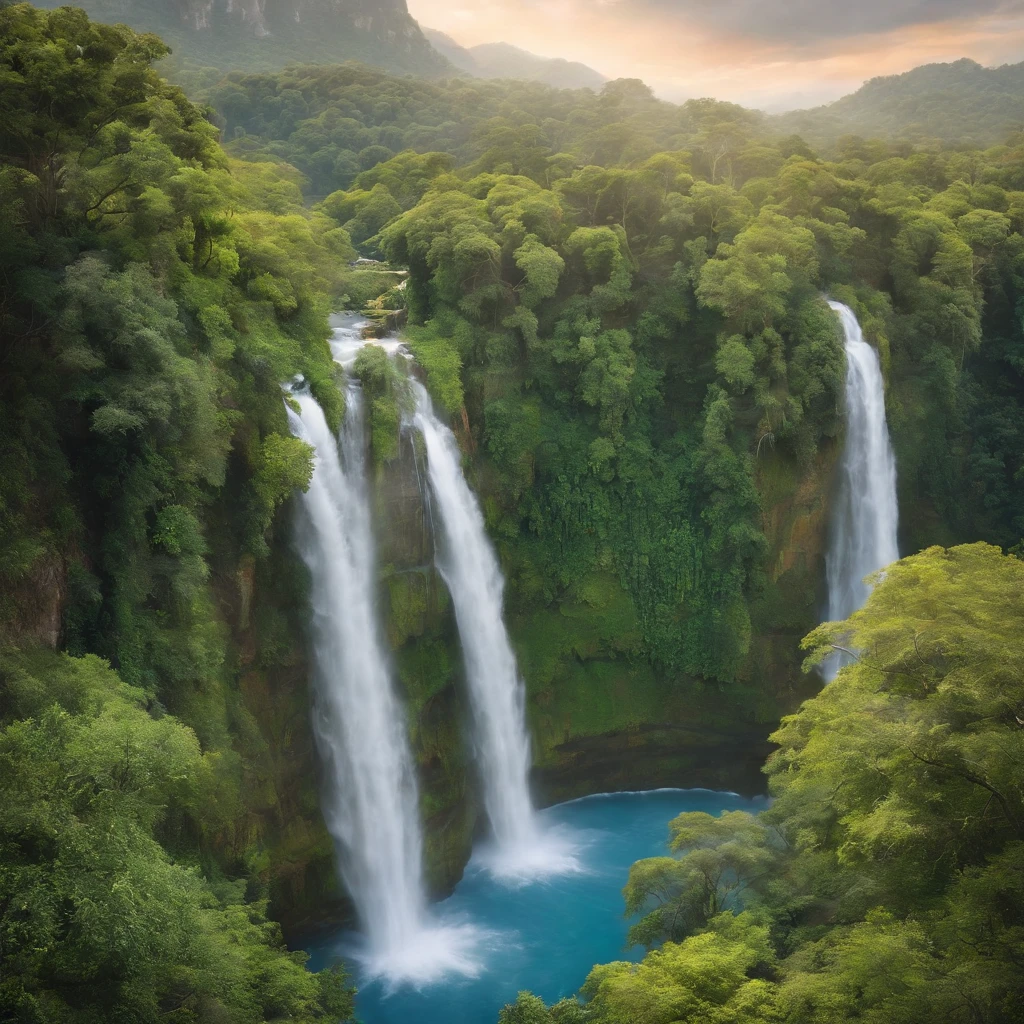 Within a mystical universe, a floating island suspended in the sky, waterfalls cascade from its edges, vibrant floating flora emitting a soft glow, thai ancient ruins covered in overgrown vines hinting at a forgotten civilization, Painting, acrylic on canvas, vibrant colors with a dreamlike quality,