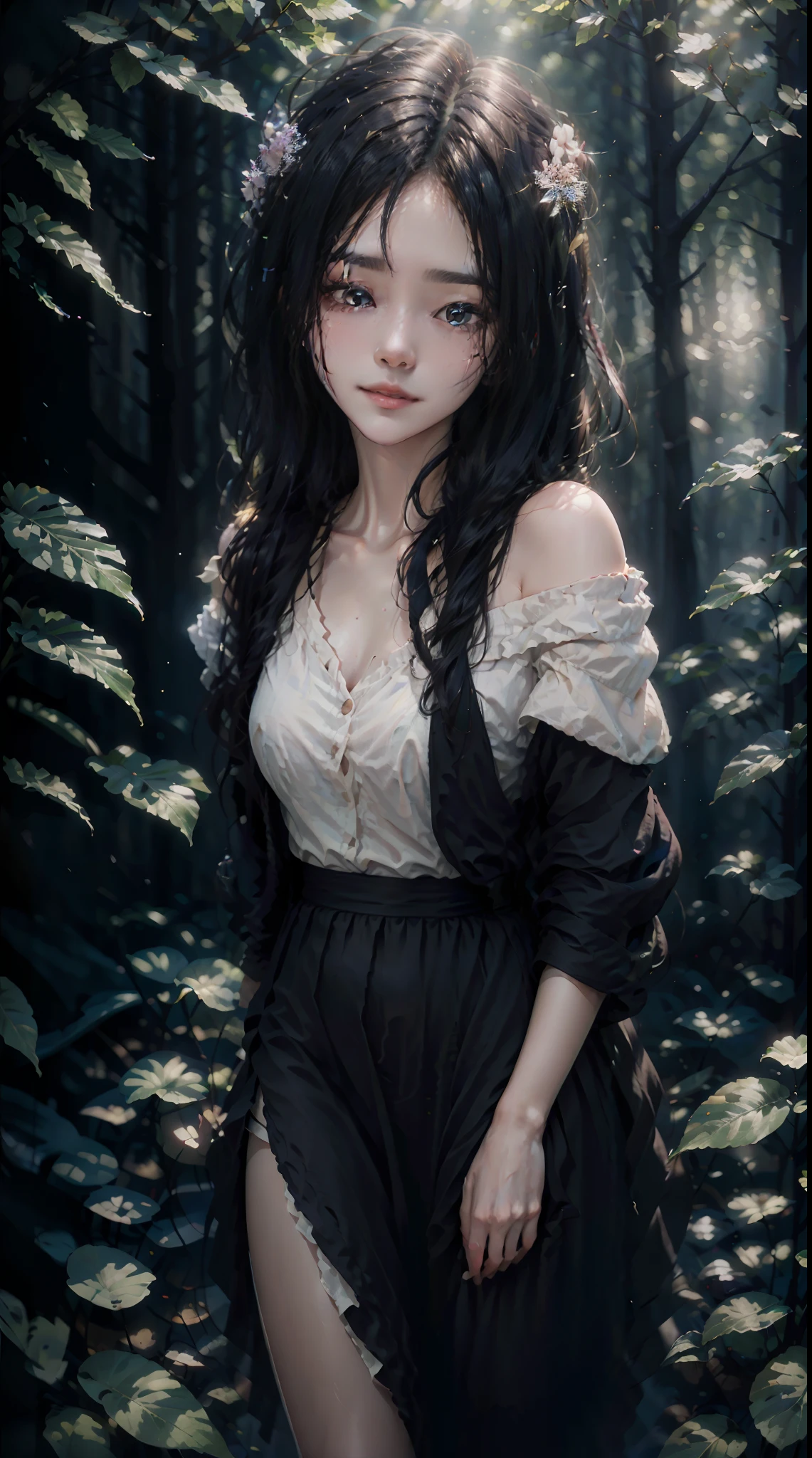 A girl in a forest,dappled sunlight,full body,clear white outfit,illustration,fantasy,fairytale,soft lighting,best quality,ultra-detailed,vivid colors,dreamy atmosphere,lush greenery,magical vibe,endless trees,serene expression,long flowing hair,ethereal glow,peaceful ambiance,sunbeams streaming through the trees,whimsical elements,enchanted forest,fantasy art.color contact lenses, light blush, glint, bright pupils, happy, light smile, ringed eyes, color contact lenses, streaked hair, brown hair, hair over shoulder, messy hair, hair spread out, high detail, depth of field, cinematic lighting, god rays, ray tracing, backlighting, Fujicolor, f/1.2, 85mm, Fujifilm, panorama, UHD, masterpiece, ccurate, textured skin, super detail, high details, high quality, best quality, highres, 16k, HD