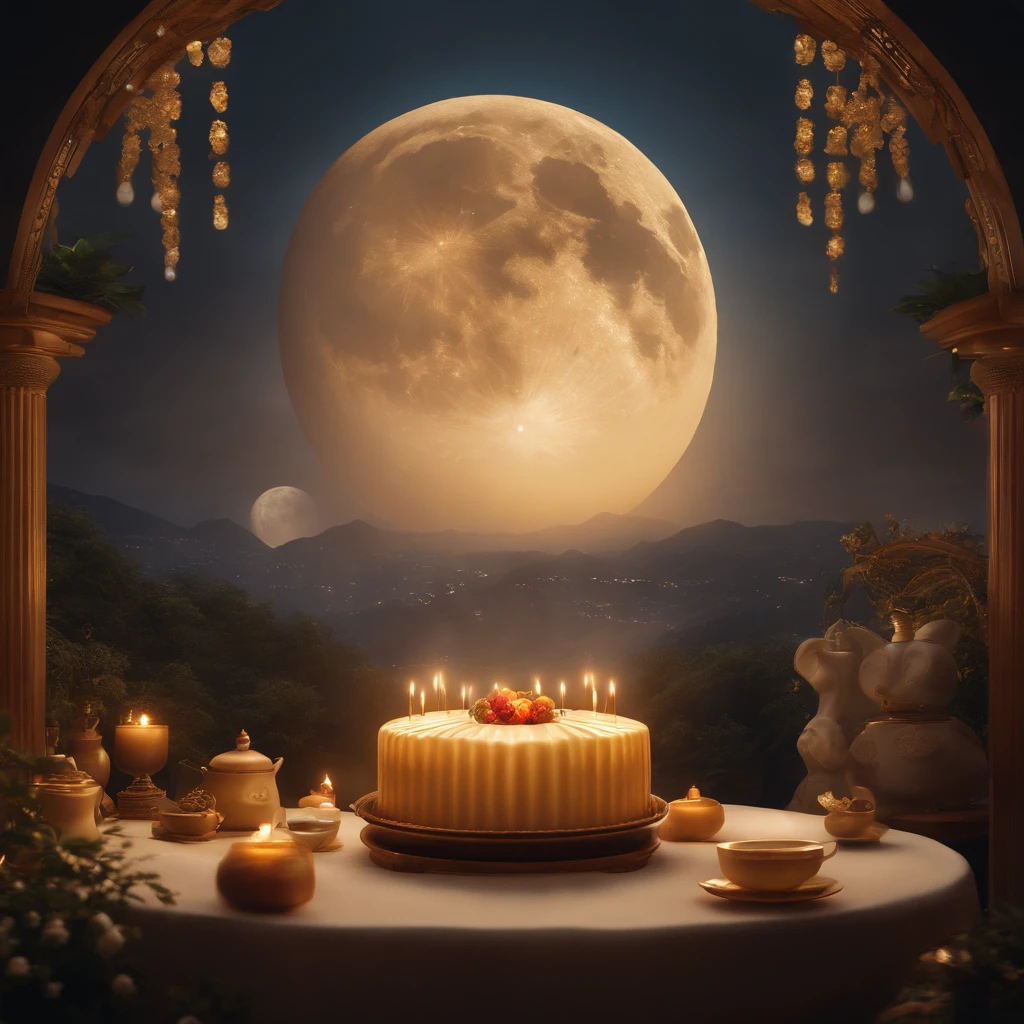 reunion, A round moon, the night, （Moon cake）, teas, the fruits, rabbits, symmetry, high detail, Romanticism, sparkle, god rays, ray tracing, UHD, retina, masterpiece, ccurate, super detail, high details, high quality, best quality, highres, 16k, anatomically correct