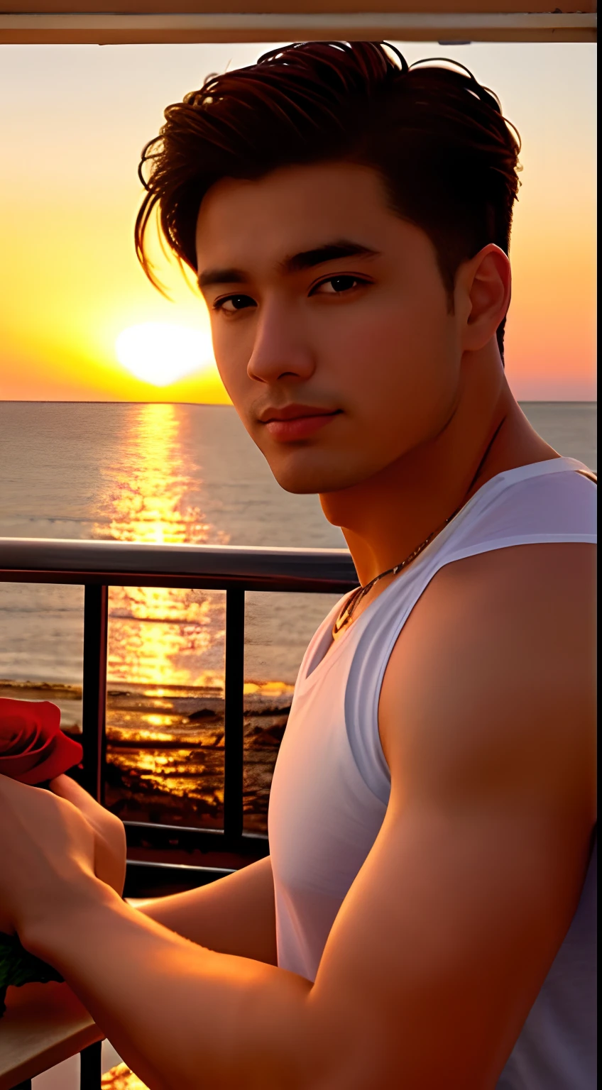 Close-up Shot Shot,A rose,The background is the gorgeous sunset by the sea,Authentic texture,Warm handsome guy