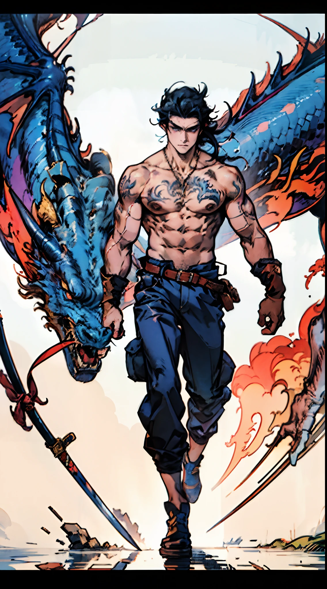 A middle-aged man with long straight hair, a tall and muscular body, wearing a wooden semi-circular forehead protector, he has thick sword-like eyebrows, bright and expressive blue eyes, well-defined facial features, a bare upper body adorned with a blue Dragon Tattoo, a blue Dragon Tattoo that wraps around his entire body, a blue Dragon Tattoo, he wears plain pants, stands before a mysterious ancient Mayan altar, he raises his right fist high, displaying a dignified expression, exuding a powerful aura, emanating a radiant fighting spirit, this character embodies a finely crafted a fantasy-style wilderness design in anime style, characterized by a sophisticated and mature manga illustration art style, high definition, best quality, highres, ultra-detailed, ultra-fine painting, extremely delicate, professional, anatomically correct, symmetrical face, extremely detailed eyes and face, high quality eyes, creativity, RAW photo, UHD, 8k, Natural light, cinematic lighting, masterpiece:1.5