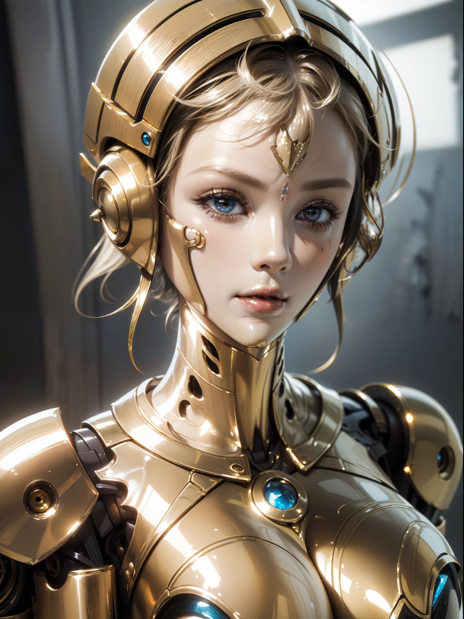 8K，masterpiece:1.0，absurdres，high quality,extremely detailed，(1 robot warrior)(female)，(Delicate face:2.0)，(Clear and delicate facial features:1.5)，(short hair)，(Iron body:1.7),(golden skin)(shiny skin:1.8),get ready to fight,(bright light)