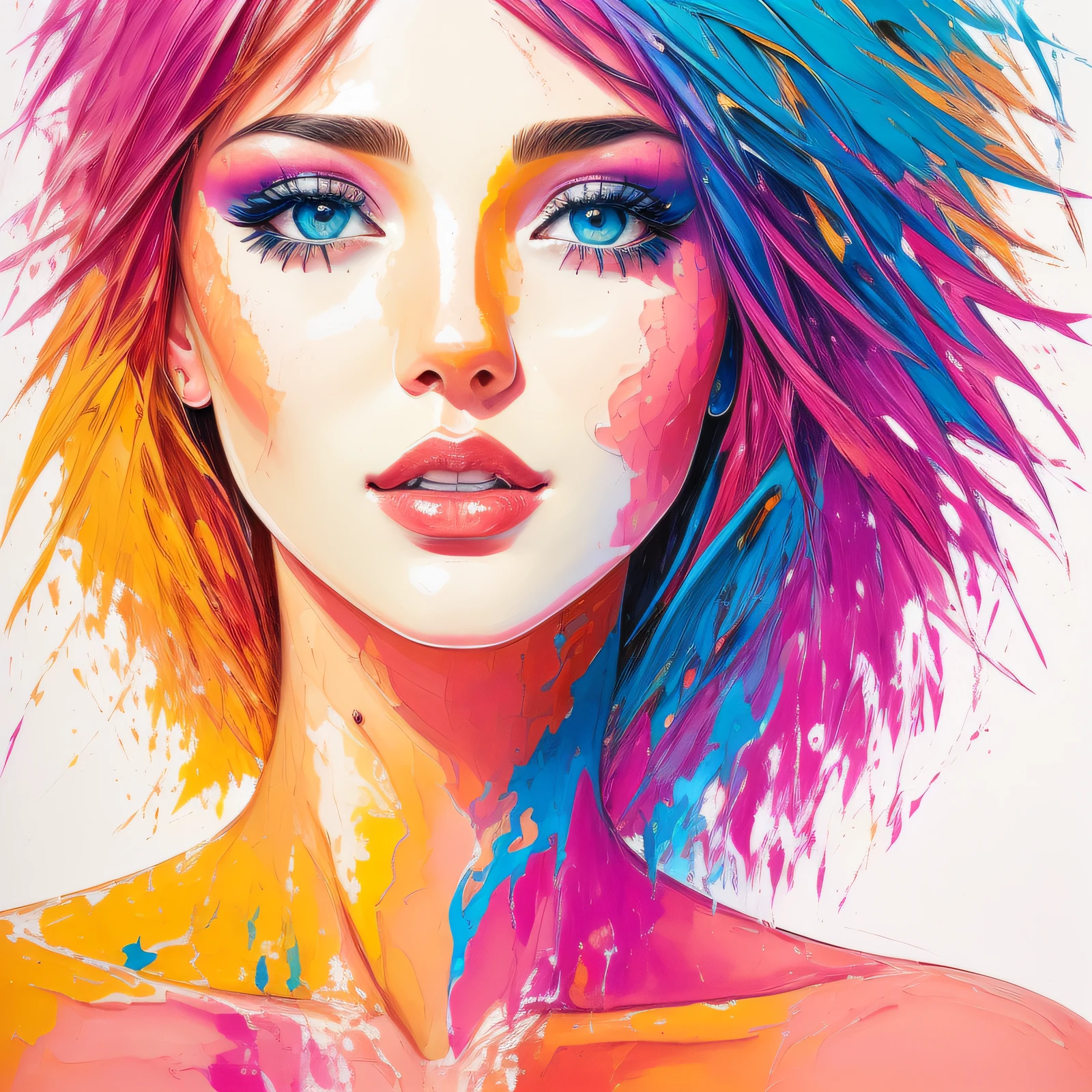 Beautiful nude woman fused with an unparalleled masterpiece abstract art background, her hair is rainbow colored and she looks very beautiful, high resolution, high quality, realistic, the best abstract painting ever, beautiful woman, digital painting, masterpiece, precise fingers, creative flow,