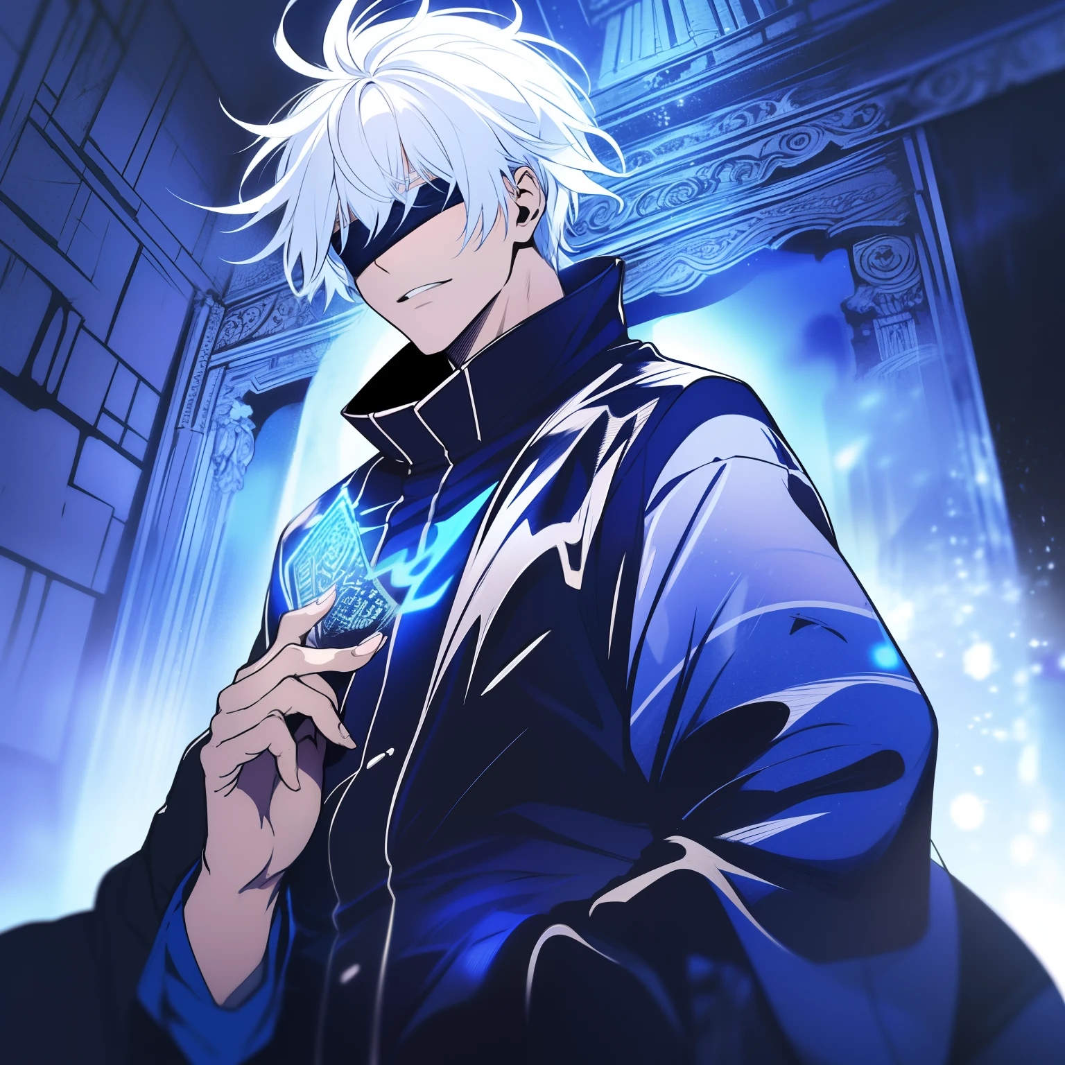 Put a black blindfold over his eyes.