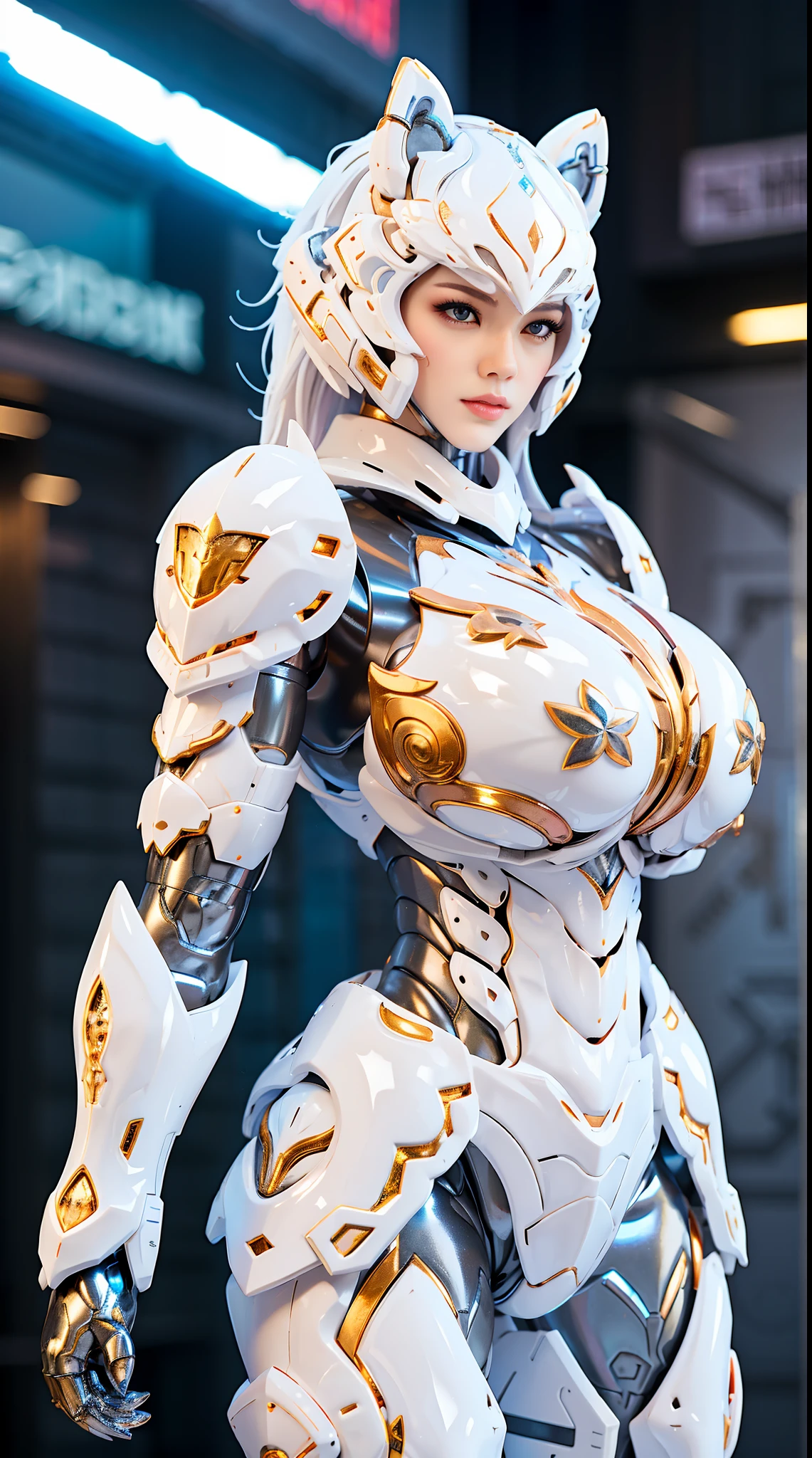masterpiece,The best quality at the best.,Ultra-detailed,very detailed illustration,He is very detailed,complicated details,A high resolution,super complex detail,Extremely detailed 8k cg wallpaper, rethink, ray tracing,Aura of darkness,cybernetic effect, (1个 Giant breast girl:1.4),alone,alone,mecha girl parts, robotic joints,single mechanical arm, mechanical aura,Complex mechanical body suit, mechanical corset, (Clear plastic armor), very long hair,by white, hair between the eyes, colorful hair, colored inner hair. 3/4 BODY, head on, Front, the choosen one, mothern, Futuristic, Black, and white, celesces lights, Goddess, godess, divine, energy core in the bright celestial chest, gold, Golden, air. celestial lights, mother, Futuristic, lights, bioluminiscencia