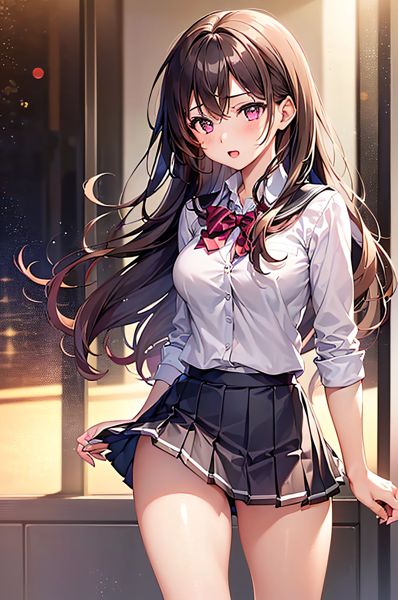 ((1girl in)), (Twin-tailed), Brown hair, Amazing face and eyes, Pink eyes, (amazingly beautiful girl), Brown hair, (High School Uniform, Pleated mini-skirt:1.5), ((Best Quality)), (Ultra-detailed), (extremely detailed CG unified 8k wallpaper), Highly detailed, High-definition raw color photos, Professional Photography, (((Bokeh))), depth of fields,