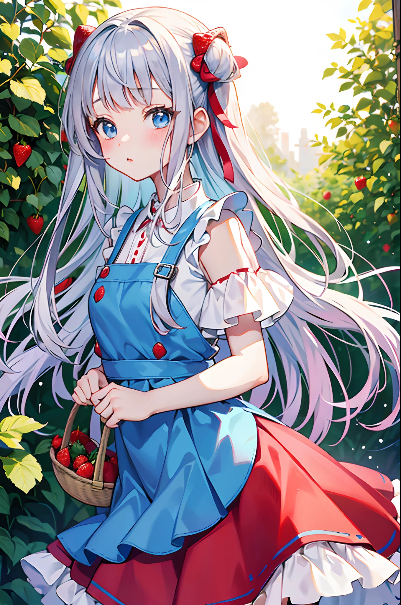 teens girl Strawberry picking Strawberry picking baskets Country Dresses pinafore 12A girl about her age Twin-tailed silber hair blue eyess