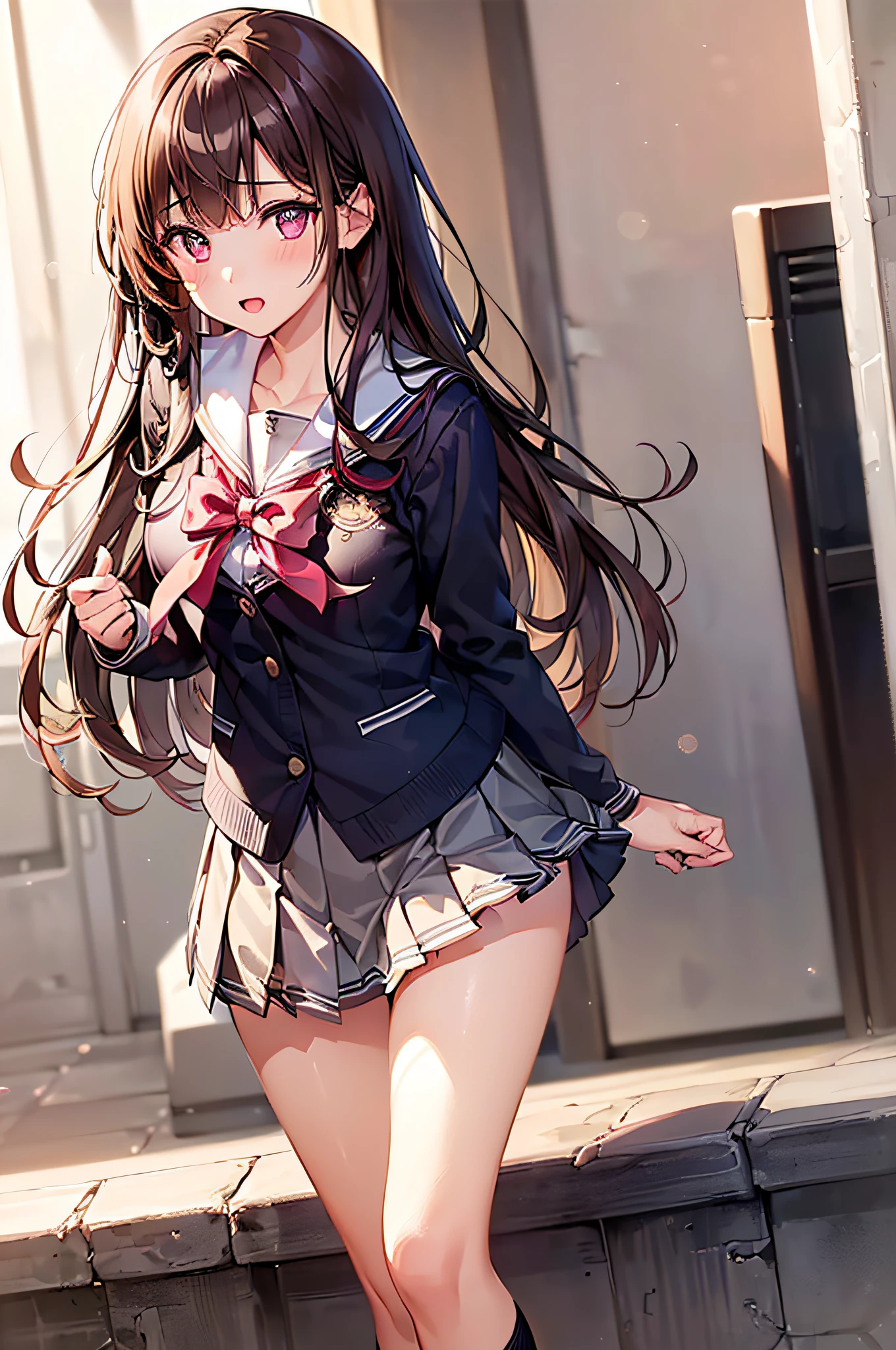 ((1girl in)), (Twin-tailed), Brown hair, Amazing face and eyes, Pink eyes, (amazingly beautiful girl), Brown hair, (High School Uniform, Pleated mini-skirt:1.5), ((Best Quality)), (Ultra-detailed), (extremely detailed CG unified 8k wallpaper), Highly detailed, High-definition raw color photos, Professional Photography, (((Bokeh))), depth of fields, open your legs,