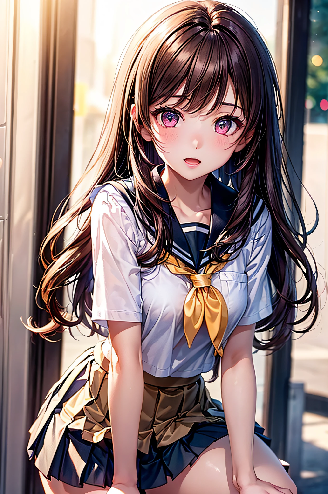 ((1girl in)), (Twin-tailed), Brown hair, Amazing face and eyes, Pink eyes, (amazingly beautiful girl), Brown hair, (High School Uniform, Pleated mini-skirt:1.5), ((Best Quality)), (Ultra-detailed), (extremely detailed CG unified 8k wallpaper), Highly detailed, High-definition raw color photos, Professional Photography, (((Bokeh))), depth of fields, open your legs,