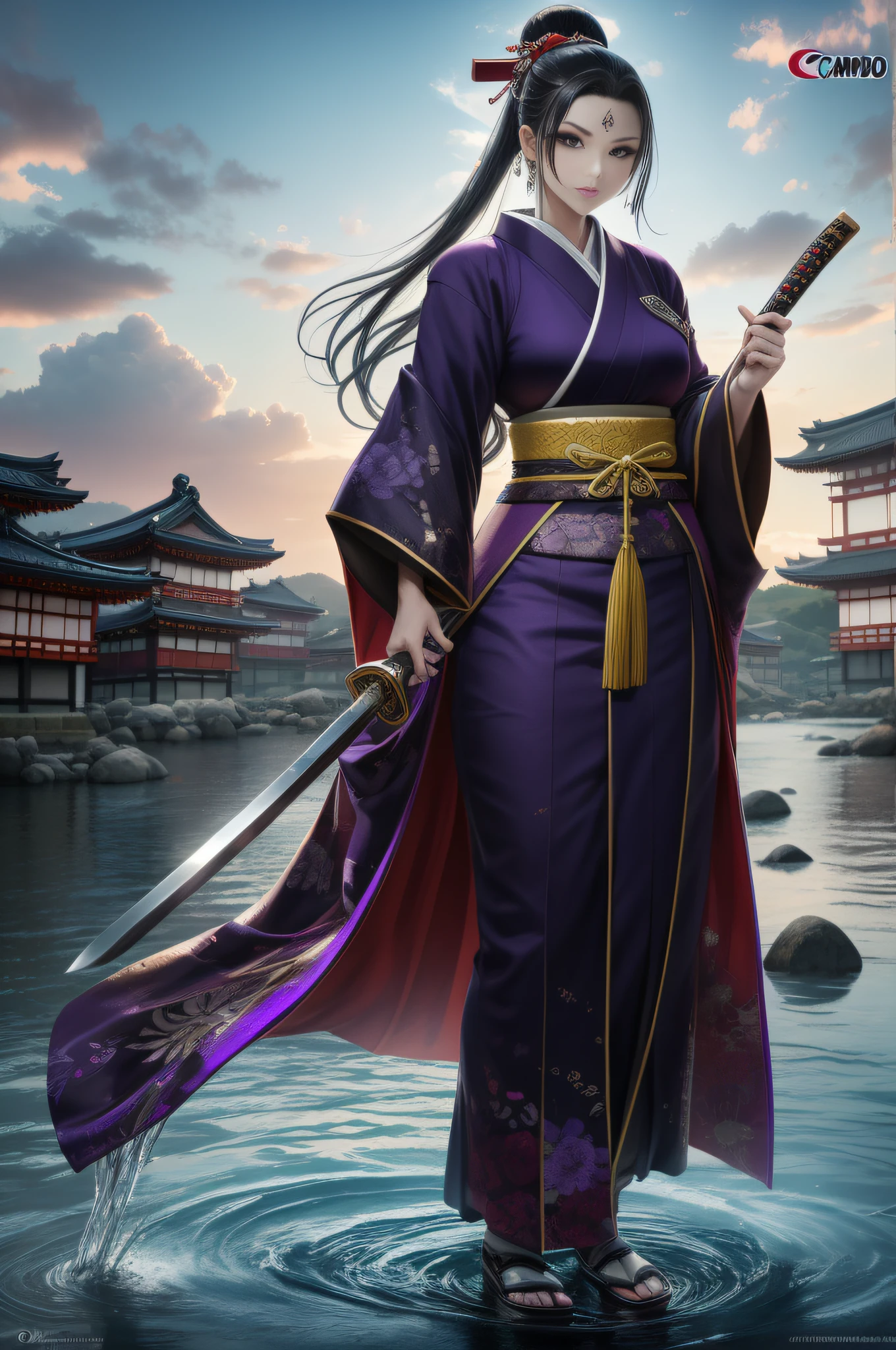 Um cabelo longo、um bob curto、penteado liso、Japan beauties, 25 anos, corpo delicado, Seios delicados、qualidade superior、obra prima、8k、 1 mulher, beleza elegante, Pele radiante, (Traje Murasaki Shikibu:1.3), (flowing hair), sozinha, (Moda com um sarashi enrolado no peito:1.2), (Running water handle accent:1.3), (Cruz de Seda), Trajes tradicionais detalhados, (Heian Period Style:1.3), detailed facial expressions, (dynamic style:0.8),
standing pose, segurando katana, Determined expression, (Background Story: campo de batalha), (Estilo Ninja Lady:0.9), Historical atmosphere, detalhes da armadura, Antecedentes detalhados, aura poderosa